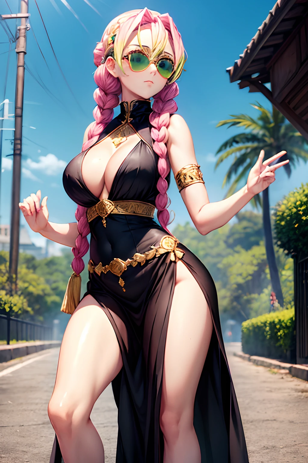 1 girl, long pink-green, white headband, medium breasts, big hips, beautiful legs, perfectly detailed, she wears black evening dress with a hip-high slit showing Leg ,black sun glasses, she is a shy girl,