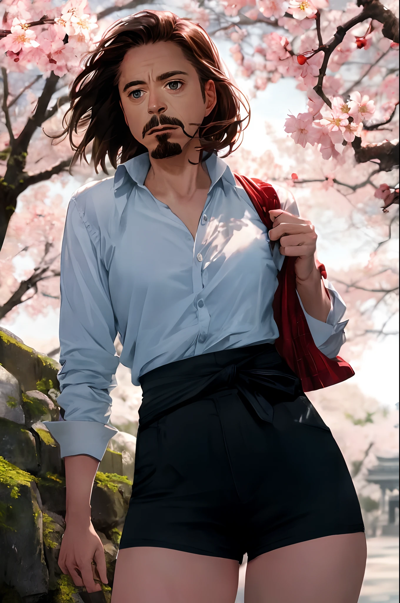 Robert Downey as a 16 year old girl, rock shirt, untucked shirt, tiny shorts, waist-high black tights, exposed thighs, very fair skin, Robert Downey's haircut, Mustache and goatee, Temple of Saolin, cherry blossom, Indirect lighting, volumetric light, hyper-detailed, Captured by Panavision Panaflex Platinum