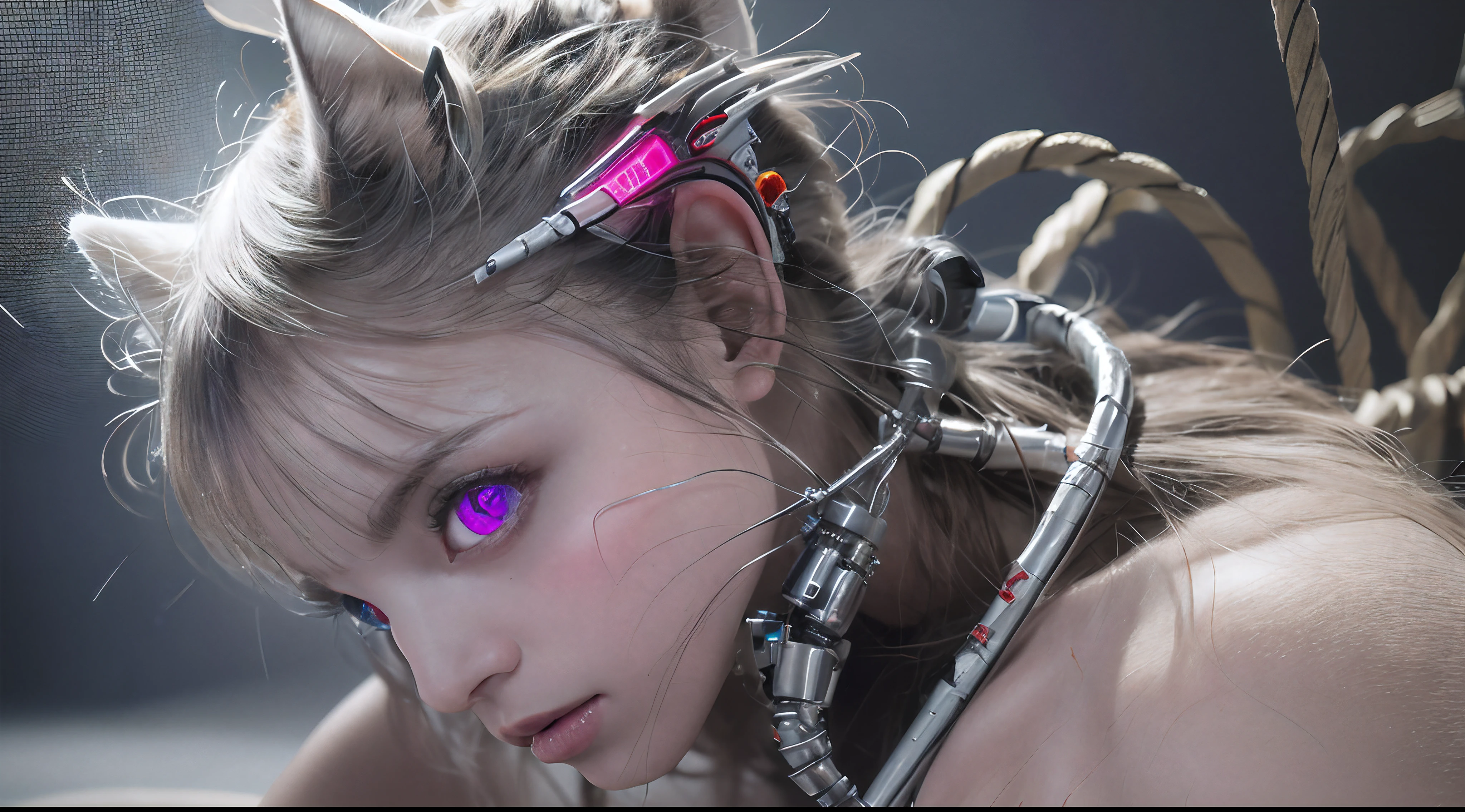 Top Quality, Masterpiece, Ultra High Resolution, (Photorealistic: 1.4), Raw Photo, 1 cat, White cat, Glossy Skin, 1 Mechanical cat, (Ultra Realistic Details)), Portrait, Global Illumination, Shadows, Octane Rendering, 8K, Ultra Sharp, Big, Cleavage Exposed Raw Skin, Metal, Intricate Ornament Details, Cold Color, Egyptian details, very intricate details, realistic light, CGSoation trend, purple eyes, glowing eyes, facing the camera, neon details, mechanical limbs, blood vessels connected to tubes, mechanical vertebrae attached to the back, mechanical cervical attachment to the neck, sitting, wires and cables connecting to the head, Evangelion, small LED lamp,