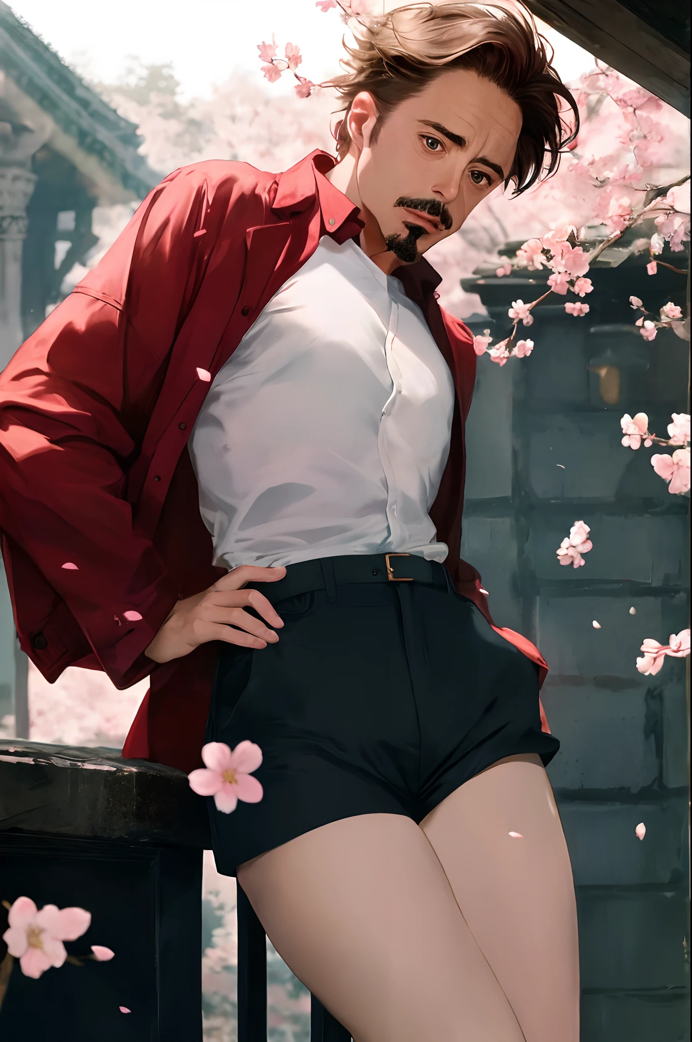 Robert Downey as a 16 year old girl, rock shirt, untucked shirt, tiny shorts, waist-high black tights, exposed thighs, very fair skin, Robert Downey's haircut, Mustache and goatee, Temple of Saolin, cherry blossom, Indirect lighting, volumetric light, hyper-detailed, Captured by Panavision Panaflex Platinum