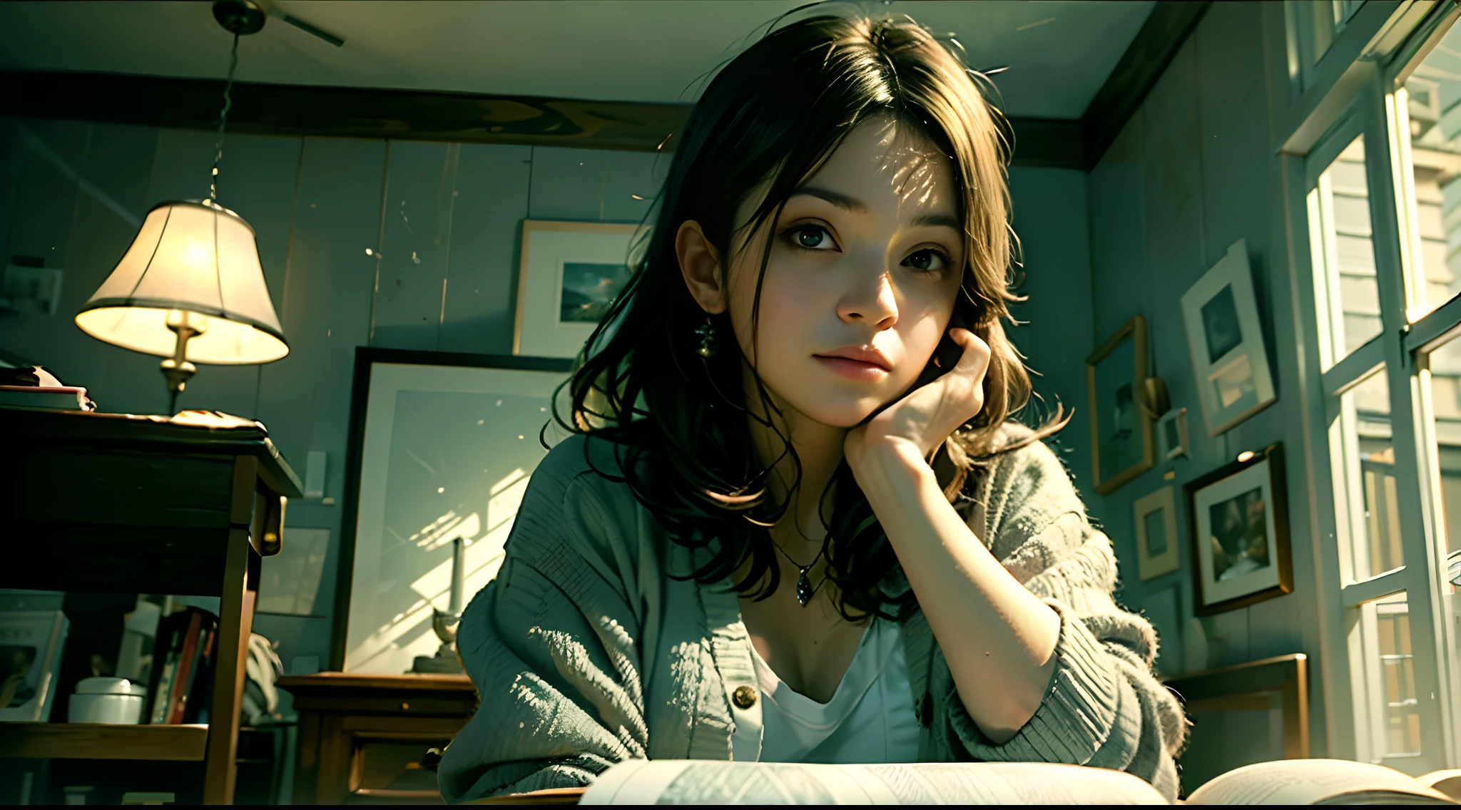 ((Masterpiece, Best Quality)) 1 woman, third perspective, dark eyes, casual clothes, bedroom, homework, evening, dimly lit