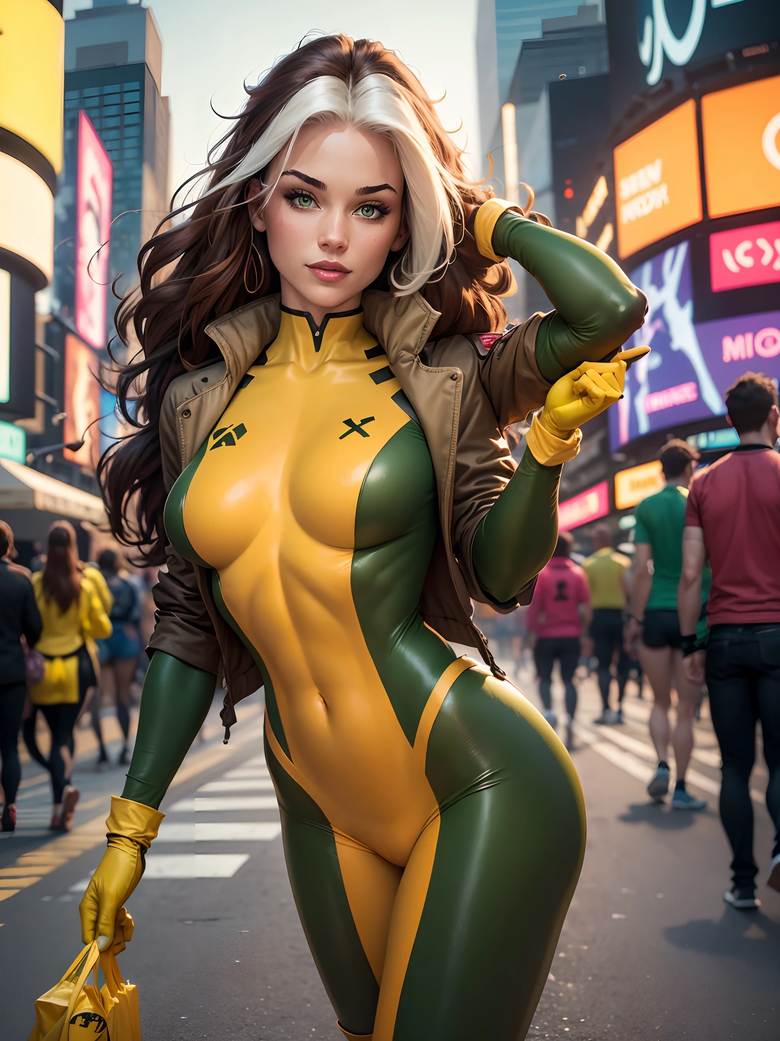 (new york: 1.3), (time square), (master piece, best quality: 1.2), Classic Rogue, 1 girl, Only, long hair, breasts, smile, big breasts, brown hair, green eyes, jacket, big hair , white hair, multicolored hair, parted lips, open clothes, shoulder blades, two-tone hair, open jacket, outlined lips, green and yellow bodysuit, covered navel, makeup, muscular, headband, tight skin, multicolored clothes, muscular female , dyed fringe, multicolored bodysuit, green bodysuit, yellow bodysuit , Looking at the Viewer, (average breasts: 1.3), (hanging breasts: 1.3), (full breasts: 1.3), (realism: 1.5), (Realisitc: 1.4) , (Absurdity:1.4), 8k, ultra-detailed, Detailed Beautiful Woman, (only:1.4) , 1girl, (Viewer facing:1.2),