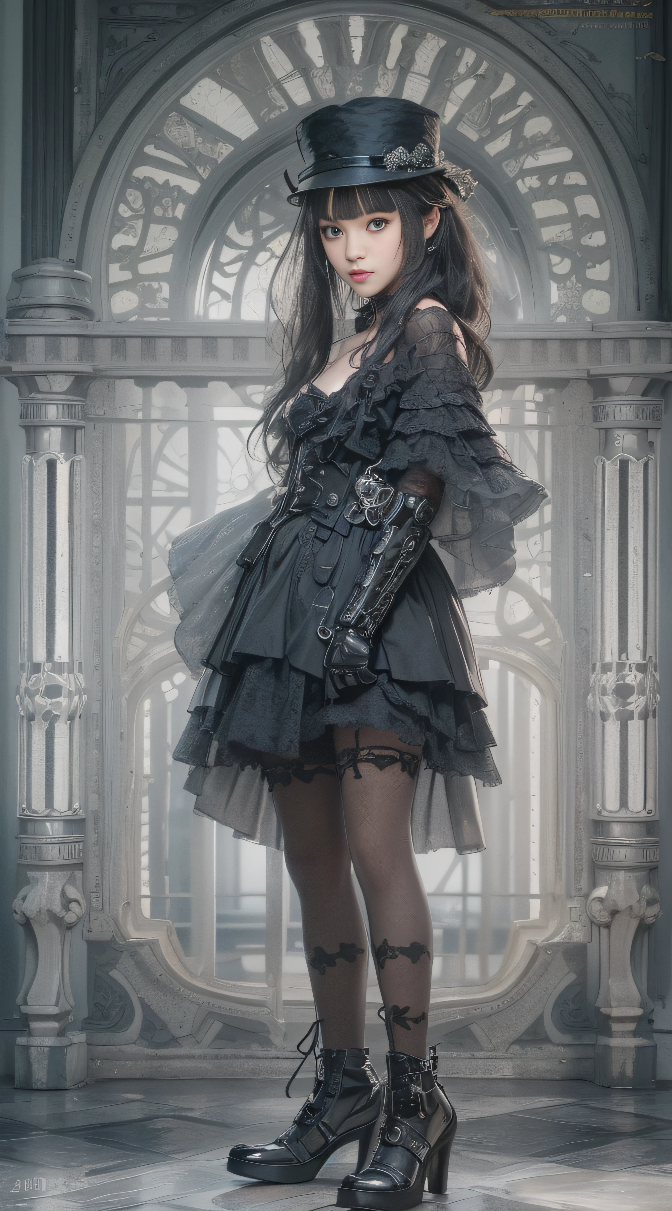 (((Masterpiece, top quality, super detailed))), (((high definition face))), 14 year old female,  (((short black bob, thick puffy bangs ))), (((very detailed face))), small thin nose, small thin-lipped mouth, (((very sharp focused eyes))), large slit precision pale grey eyes, sparkling like jewels, ((Very intricate mechanical steampunk fashion, Off-shoulder gothic lolita fashion)), (((overall accuracy has improved dramatically, creating a super detailed and realistic image))),