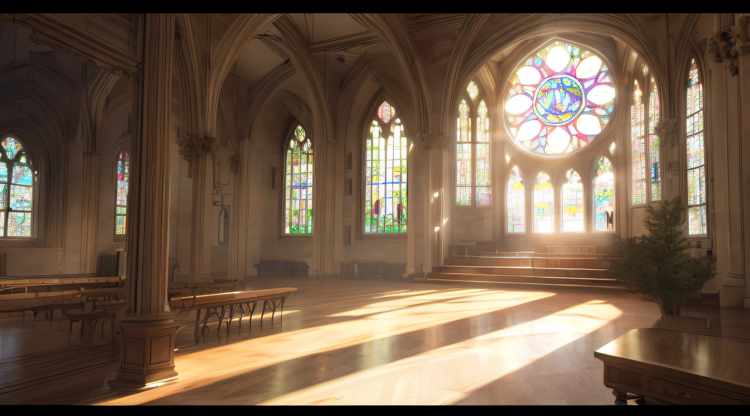 ultra realistic picture of a large room with a big stained glass window but without the bench