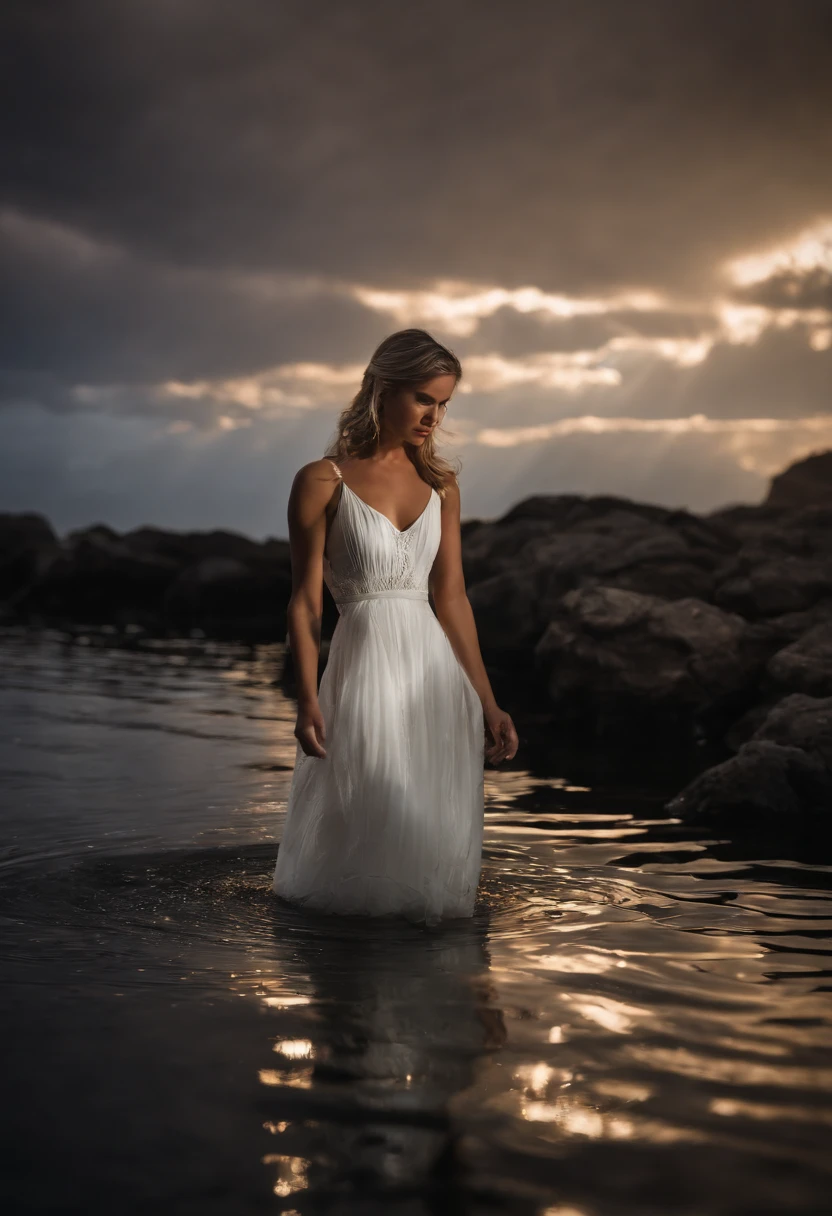 A women in a white tight silk dress standing on top of water by a beach, light painting halo in the background, lightpainting, amazing lighting effect, light art, beautiful lighting effects, light paint, diffuse lightpainting, anamorphic flares, lightpainting luminescent, luminous fire halo, flares anamorphic, creative lighting, epic lighting effects, awesome greate composition