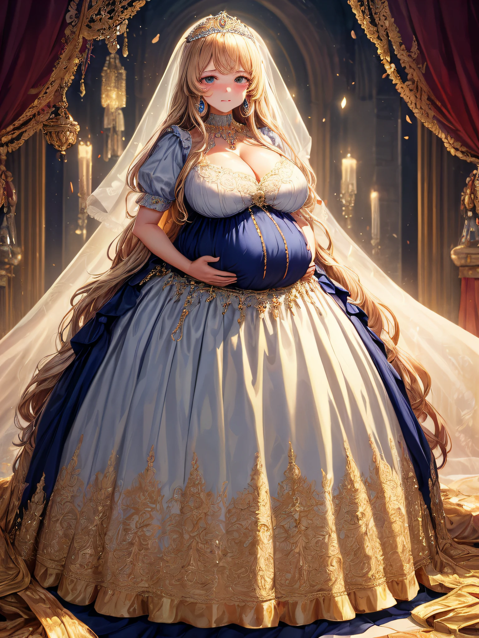 (masterpiece, best quality,extremely detailed:1.1),(moe anime art style:1.2),1girl,((full body,focus face)),((solo)), cute, kawaii,digital art,((1 bling-bling pregnant princess wearing beautiful embroidery and jeweled gorgeous rococo ballgown with jeweled voluminous full length hoop skirt)),(((heavily pregnant))),very big pregnant belly,((crinoline)),long train,voluminous frills,See-through,(gorgeous embroidery and beautiful lace),((very gigantic boobs,skindentation)),cleavage,shiny hair,(((very long hair,very long straight hair))),((embarrassed)),anguish,((finely detailed face and eyes)),clear pupil,extremely gorgeousfull hair ornament,(bling-bling jeweled extremely gorgeousfull tiara),(bling-bling gorgeous gemstone jewelry),long veil,(beautiful background),fantasy background,flowers,flower petals flowing,full body,((beautiful embroidery and jeweled ruffled gorgeous rococo ballgown with voluminous full length hoop skirt))
