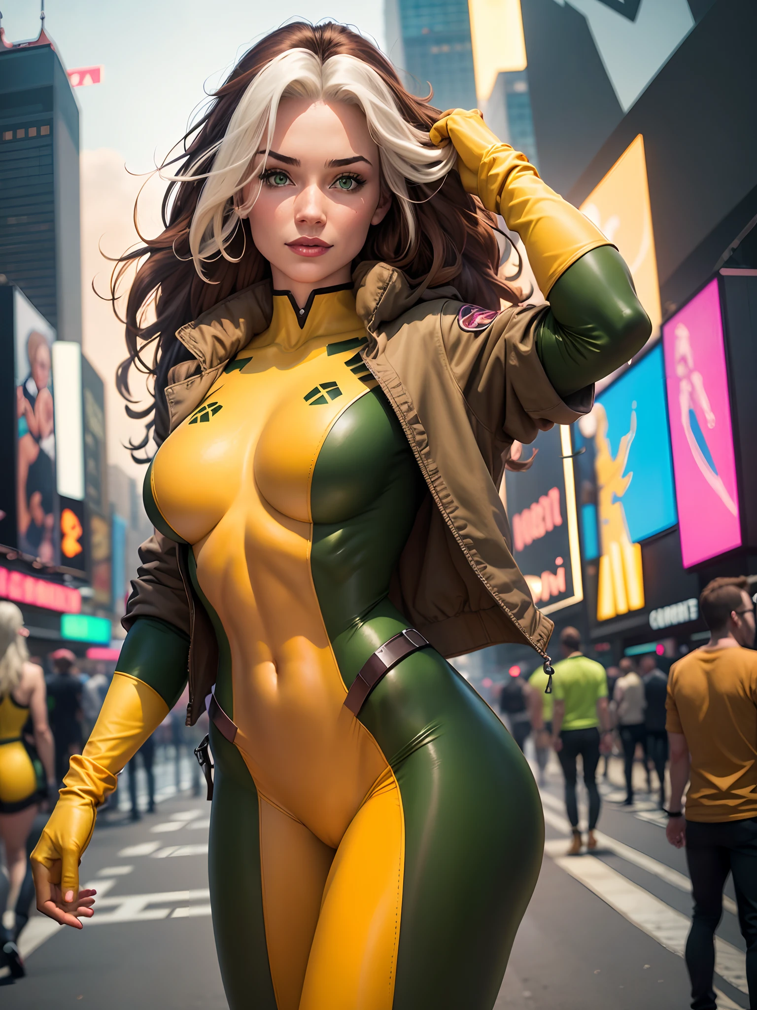 (new york: 1.3), (time square), (master piece, best quality: 1.2), Classic Rogue, 1 girl, Only, long hair, breasts, smile, big breasts, brown hair, green eyes, jacket, big hair , white hair, multicolored hair, parted lips, open clothes, shoulder blades, two-tone hair, open jacket, outlined lips, green and yellow bodysuit, covered navel, makeup, muscular, headband, tight skin, multicolored clothes, muscular female , dyed fringe, multicolored bodysuit, green bodysuit, yellow bodysuit , Looking at the Viewer, (average breasts: 1.3), (hanging breasts: 1.3), (full breasts: 1.3), (realism: 1.5), (Realisitc: 1.4) , (Absurdity:1.4), 8k, ultra-detailed, Detailed Beautiful Woman, (only:1.4) , 1girl, (Viewer facing:1.2),