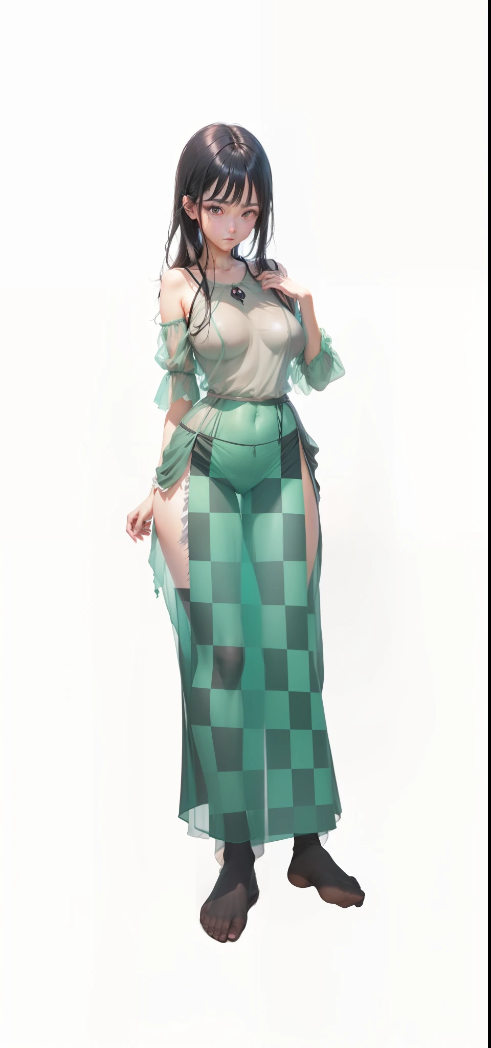 Black color hair, surrealism, Ghibli-like colors, Ghibli-like colors, anime big breast, Standing painting, angle of view, foreshortening, foreshortening, 8K, Super detail,Woman with full breasts,See-through installation,see-through transparent clothes