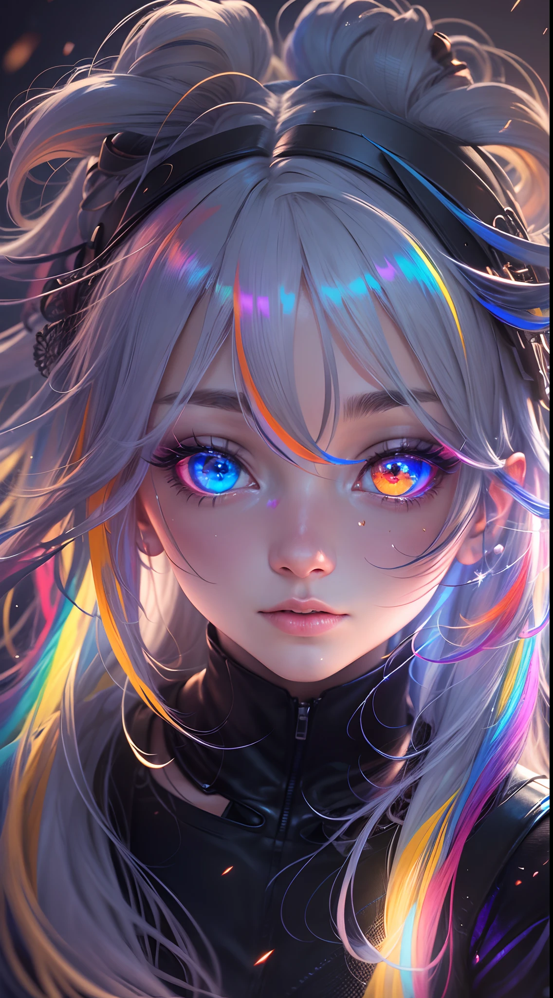 {{masterpiece}}, best quality, extremely detailed CG unity 8k wallpaper, cinematic lighting, lens flare, beautiful detail eyes, black,  side glance,  multicolor hair, colorful light, particles, heterochromia, (colorful:1.5), (colorful hair:1.5),
