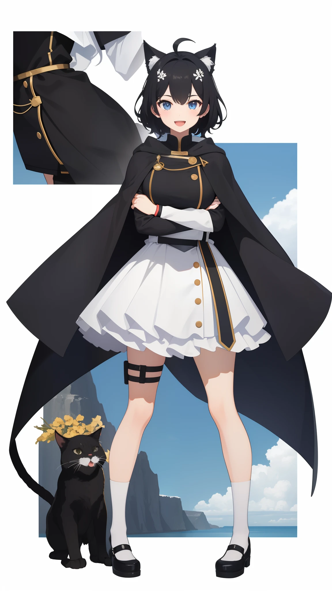 Full body,((((Upright)))), ((((Arms at sides)))), Looking at Viewer, simple background、White background, 1girl in, Open mouth, Smile, Virtual Youtuber、girl with、((Best Quality, high_resolution, Distinct_image)),(Black hair), (Black cat ears), (Ahoge), (absurdly short hair), (Wavy Hair), (Blue eyes),、A smile、Very big breasts,(wearing shoes on feet)、((concept-art))、((View Viewer))。You can see the valley。military outfits。Wearing a cape。