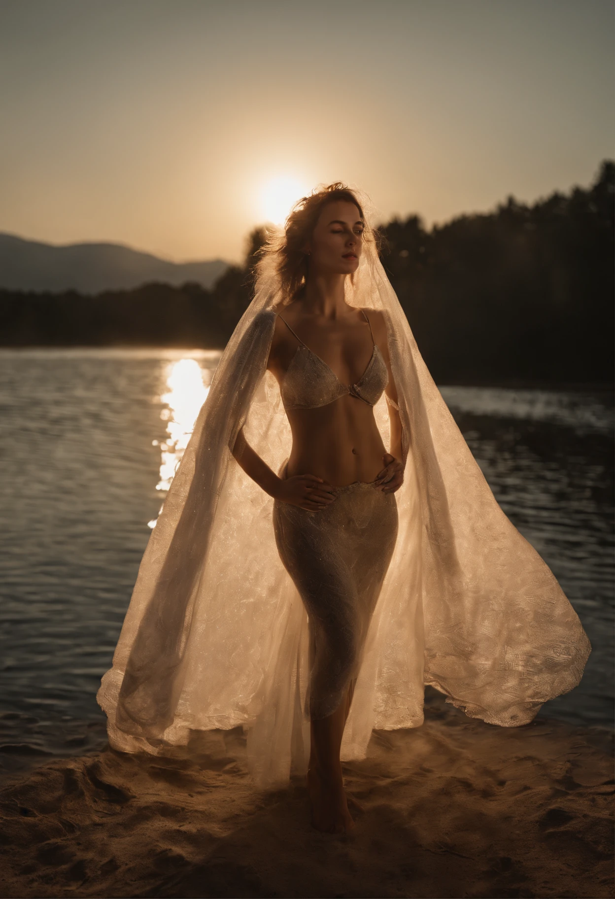 A women standing on top of a beach next to a lake, light painting of a. Giant angel in the background, lightpainting, amazing lighting effect, light art, beautiful lighting effects, light paint, diffuse lightpainting, anamorphic flares, lightpainting luminescent, luminous fire halo, flares anamorphic, creative lighting, epic lighting effects, awesome greate composition