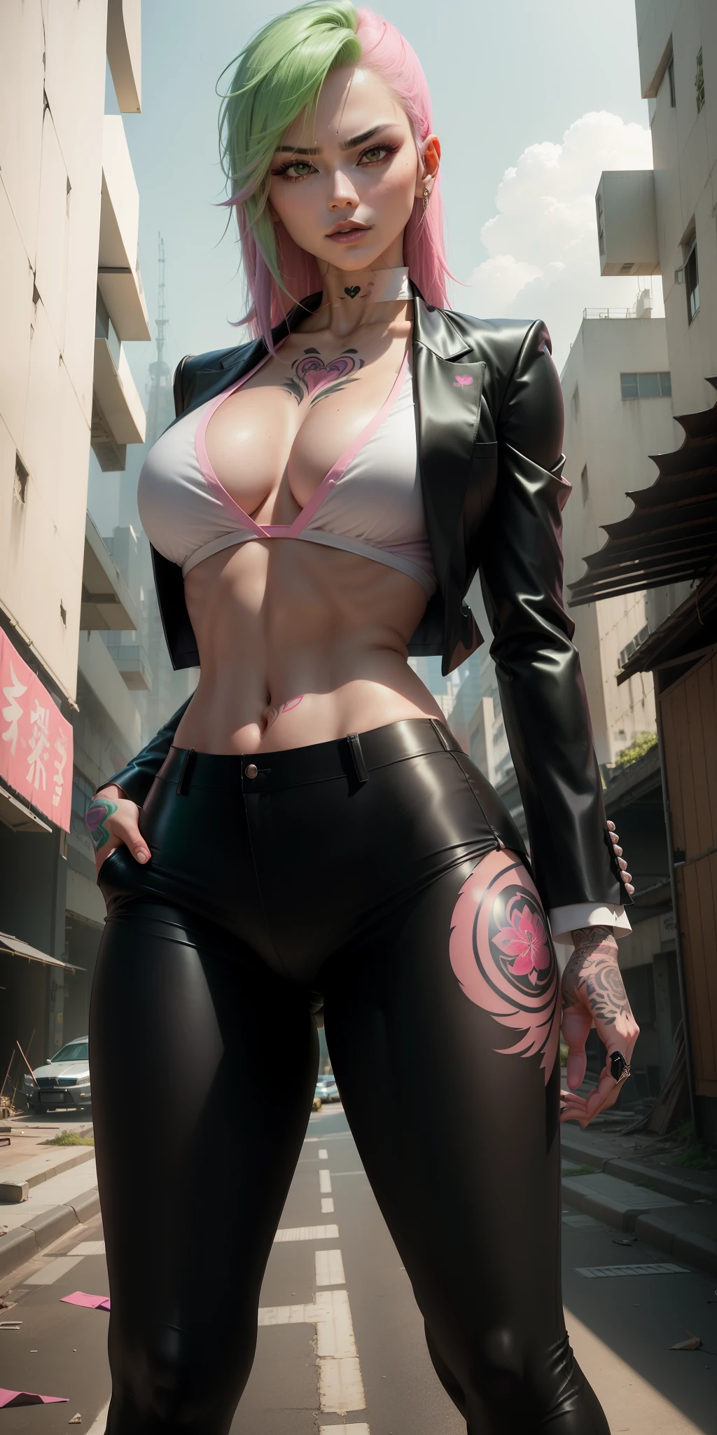 big breasts ((1 sexy yakuza mafia girl)) ((((straight pink and light green hair)))) (((((long side cut style)))) ((straight hair)) ((crystal eyes , perfect eyes)), extremely sexy, ((fitting black blazer, white shirt with short straps underneath, perfect neckline)), ((((long black fabric pants made in tailoring, light and soft fabric) ))) ) tight blouse, ((abandoned building)) sadistic expression and sadistic smile, ((masterpiece, ultra detailed, top quality)), ((ultra realistic, cinematic image, cinematic image, 8k))) ((she is in the pose of a superior goddess )), ((arms crossed)), abandoned building, pose on the brick wall, broken glass ((sensual and perfect legs, open legs)), look of superiority, defined body and toned abdomen, ((( (She has a heart tattoo)))) (((She is the leader of the yakuza) )) She is powerful, feared, a spectacular vision of this mafia leader, she is feared, a demon slayer, ((well- well-behaved clothes))