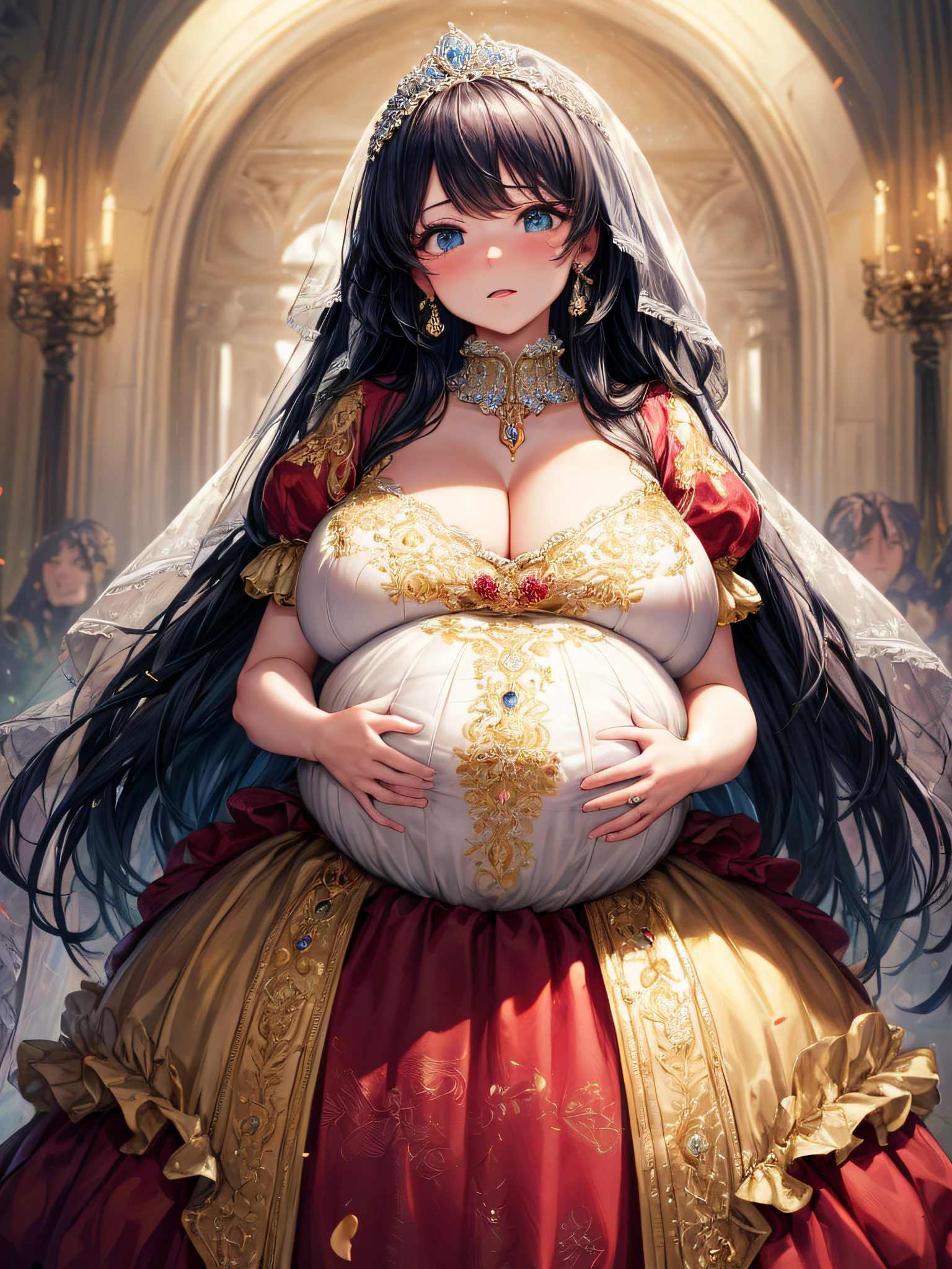 (masterpiece, best quality,extremely detailed:1.1),(moe anime art style:1.2),1girl,((full body,focus face)),((solo)), cute, kawaii,digital art,((1 bling-bling pregnant princess wearing beautiful embroidery and jeweled gorgeous rococo ballgown with jeweled voluminous full length hoop skirt)),(((heavily pregnant))),very big pregnant belly,((crinoline)),long train,voluminous frills,See-through,(gorgeous embroidery and beautiful lace),((very gigantic boobs,skindentation)),cleavage,shiny hair,(((very long hair,very long straight hair))),((embarrassed)),anguish,((finely detailed face and eyes)),clear pupil,extremely gorgeousfull hair ornament,(bling-bling jeweled extremely gorgeousfull tiara),(bling-bling gorgeous gemstone jewelry),long veil,(beautiful background),fantasy background,flowers,flower petals flowing,full body,((beautiful embroidery and jeweled ruffled gorgeous rococo ballgown with voluminous full length hoop skirt))