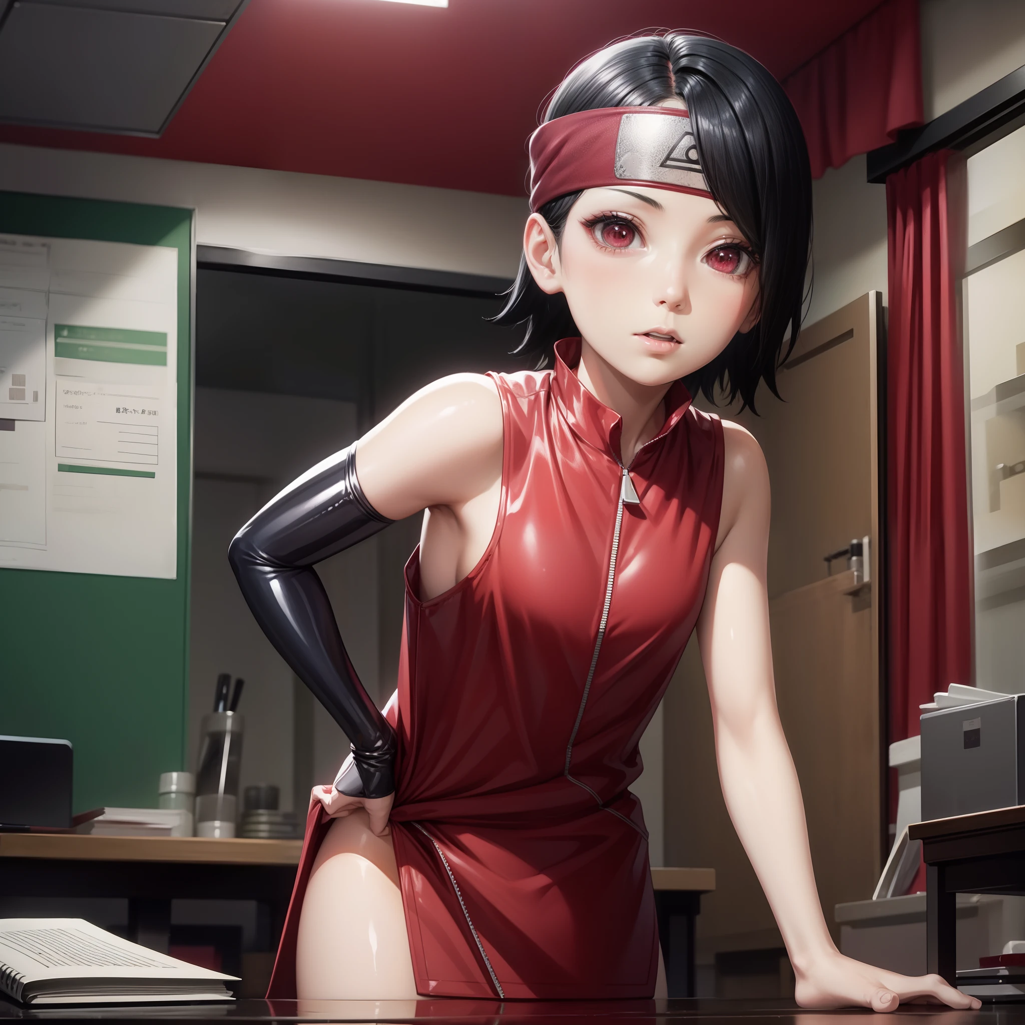 ?????, wet , , wearing tight latex red clothes, black hair, short hair, showing ass, showing , cute face, sharingan eyes, sarada_uchiha, in class, on the desk , showing boobs