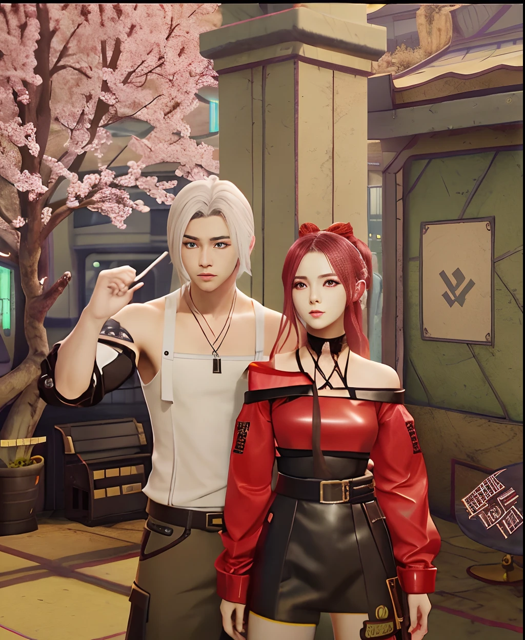 there is a man and a woman standing next to each other, style game square enix, <mmorpgs scene, as a character in tekken, style game square enix life, from ncsoft, fashion gameplay screenshot, sakimichan and frank franzzeta, nixeu and sakimichan, medium shot of two characters, crimson themed, korean mmorpg