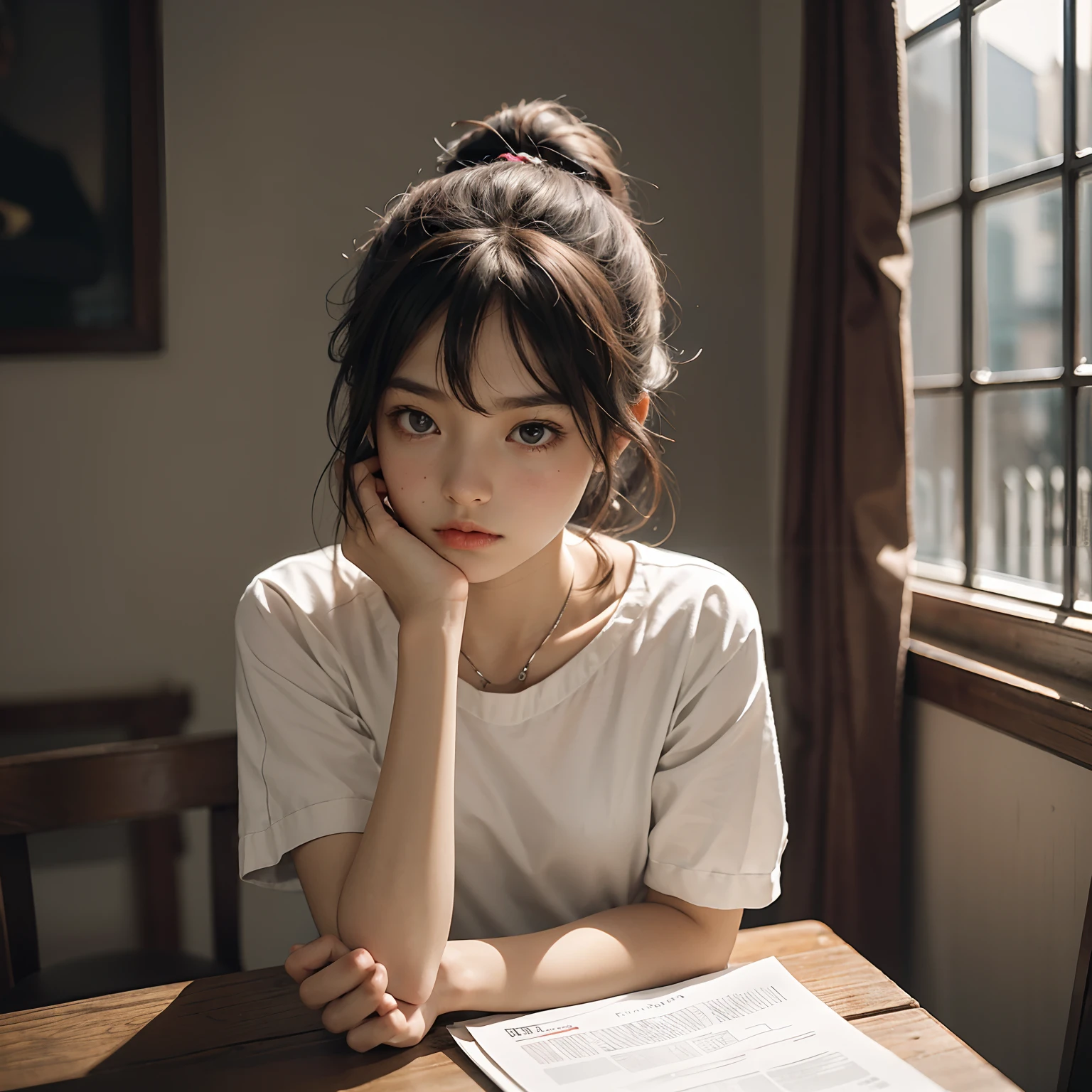 Cute little girl s　research　Serious face　on desk　inside in room　natta　shadowy