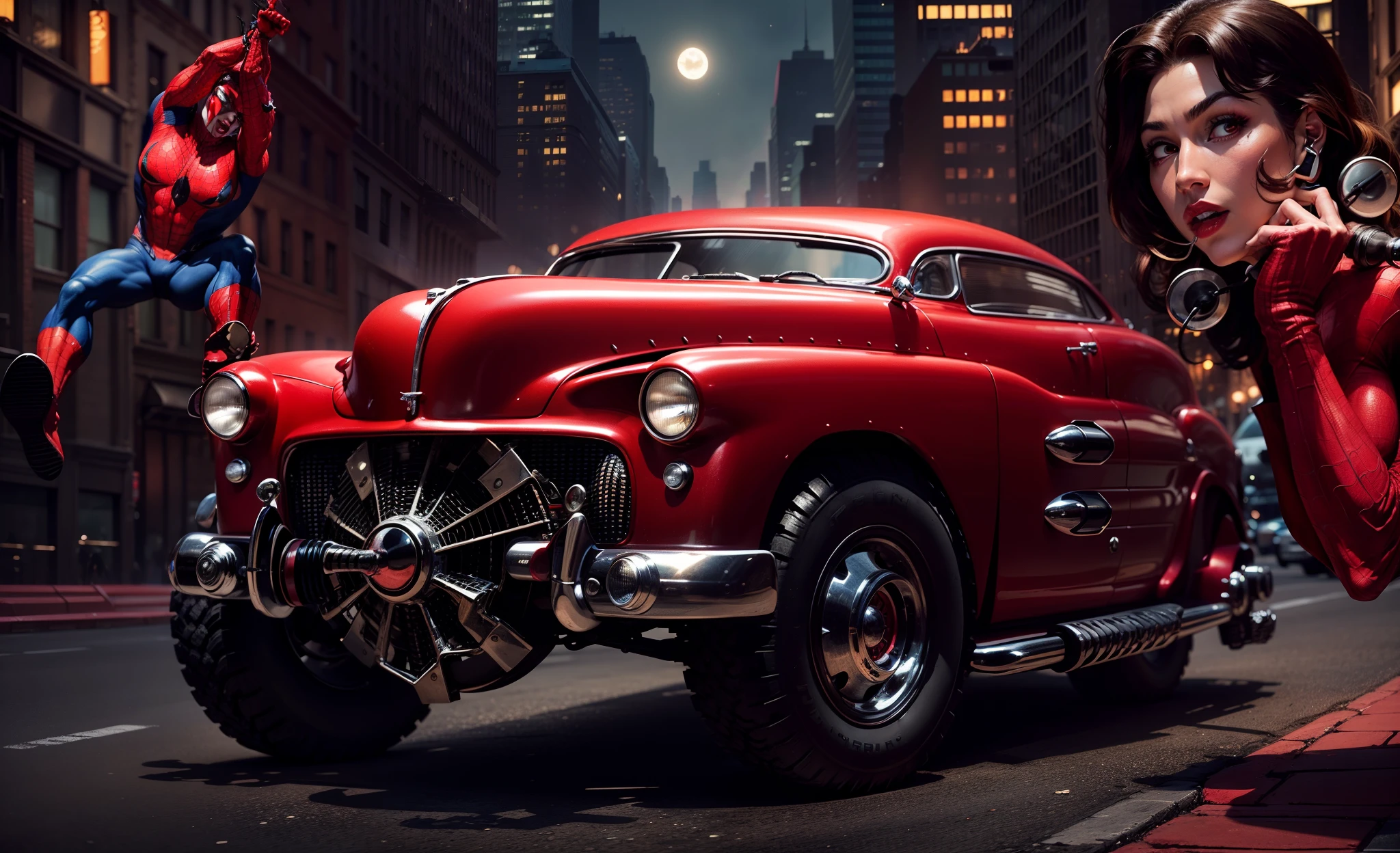 Belo Mercury 49 (((portanto))) Muscle car with various technological equipment in the foreground, The character Spider-Man arrives on the scene swinging in his red suit and azu, Do outro lado, a blonde woman in red lipstick talking on the phone and in the background of New York City buildings at dusk with the moon looking like