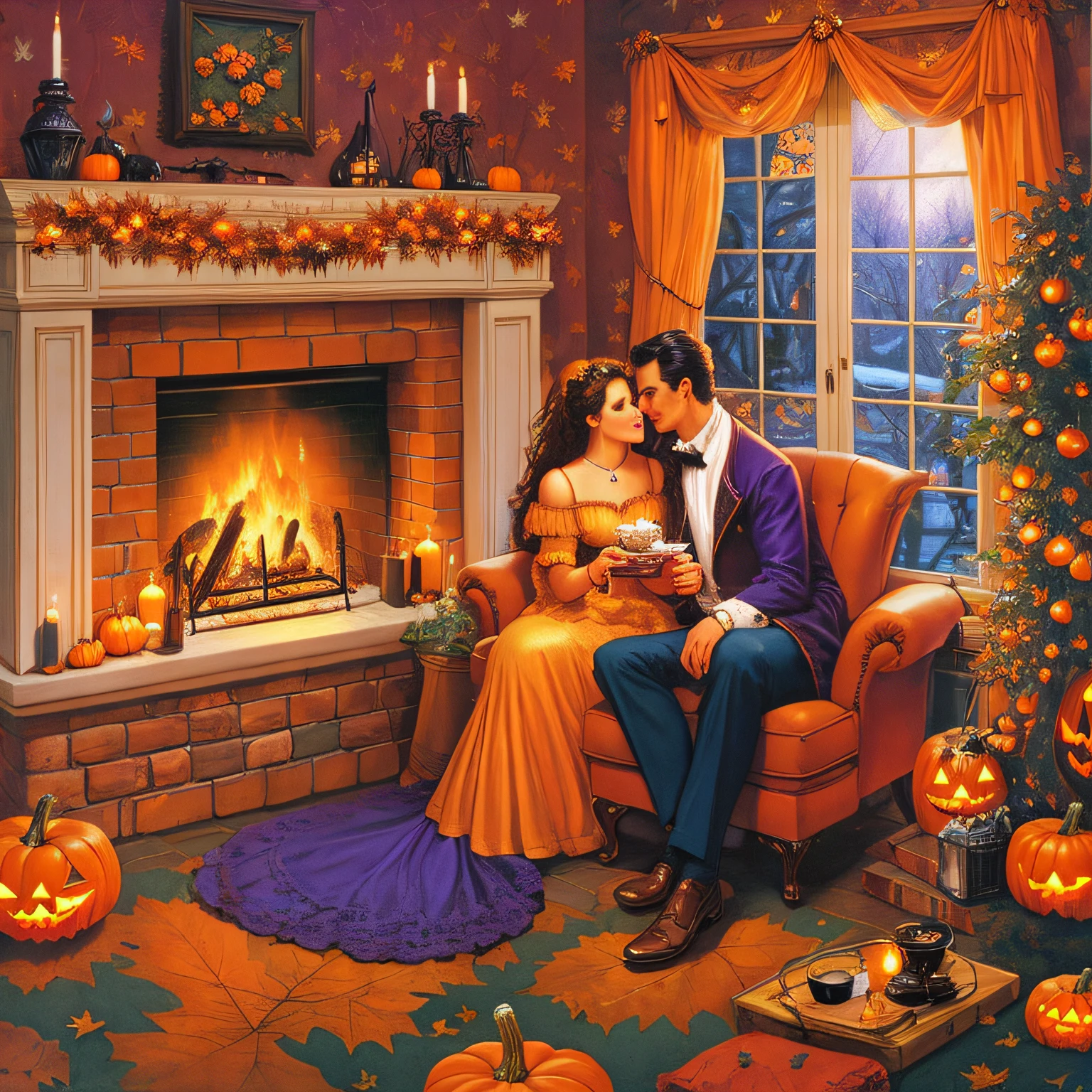 there is a man and woman sitting in a chair by a fireplace, romantic painting, cosy enchanted scene, cozy wallpaper, halloween scene, romantic couple, greg hildebrandt highly detailed, warm cosy colors, by Rob Alexander, halloween art style, cozy home background, autumn season, by Tim and Greg Hildebrandt, halloween atmosphere, warm beautiful scene, full color illustration