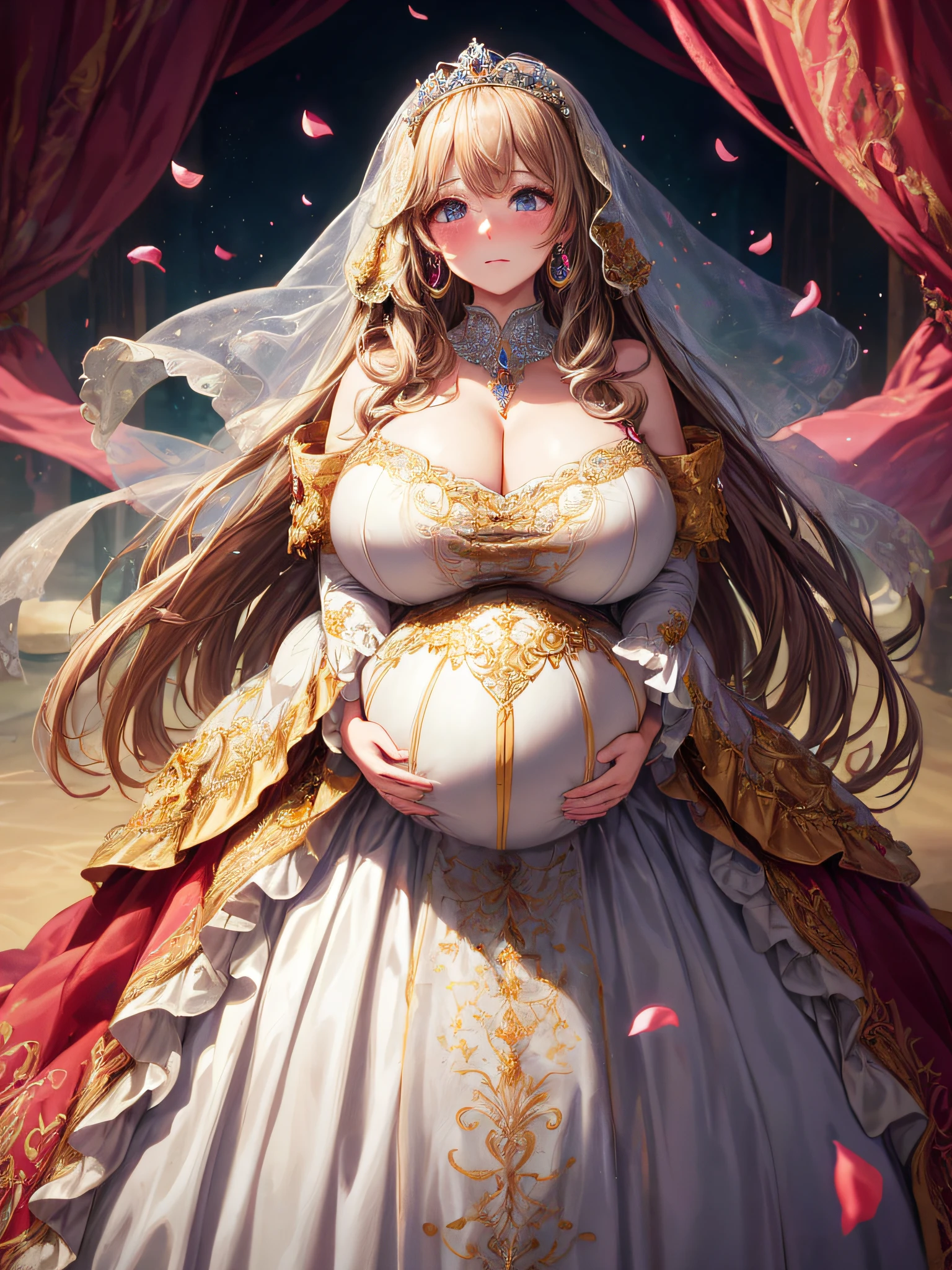 (masterpiece, best quality,extremely detailed:1.1),(moe anime art style:1.2),1girl,((full body,focus face)),((solo)), cute, kawaii,digital art,((1 bling-bling pregnant princess wearing beautiful embroidery and jeweled gorgeous rococo ballgown with jeweled voluminous full length hoop skirt)),(((heavily pregnant))),very big pregnant belly,((crinoline)),long train,voluminous frills,See-through,(gorgeous embroidery and beautiful lace),((very gigantic boobs,skindentation)),cleavage,shiny hair,(((very long hair,very long straight hair))),((embarrassed)),anguish,((finely detailed face and eyes)),clear pupil,extremely gorgeousfull hair ornament,(bling-bling jeweled extremely gorgeousfull tiara),(bling-bling gorgeous gemstone jewelry),long veil,(beautiful background),fantasy background,flowers,flower petals flowing,full body,((beautiful embroidery and jeweled ruffled gorgeous rococo ballgown with voluminous full length hoop skirt))