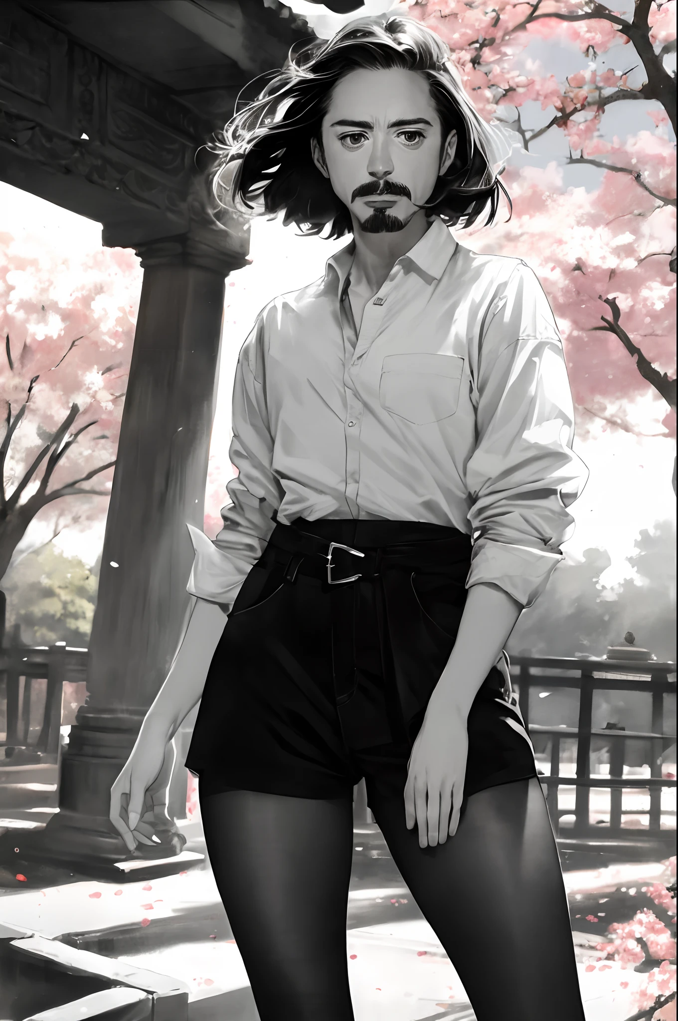 Robert Downey as a 16 year old girl, large loose plain shirt, tiny shorts, black tights to the waist, exposed thighs, very fair skin, Robert Downey's haircut, Mustache and goatee, Saolin temple, cherry blossom, Lighting indirect, volumetric light, hyper-detailed, Captured by Panavision Panaflex Platinum