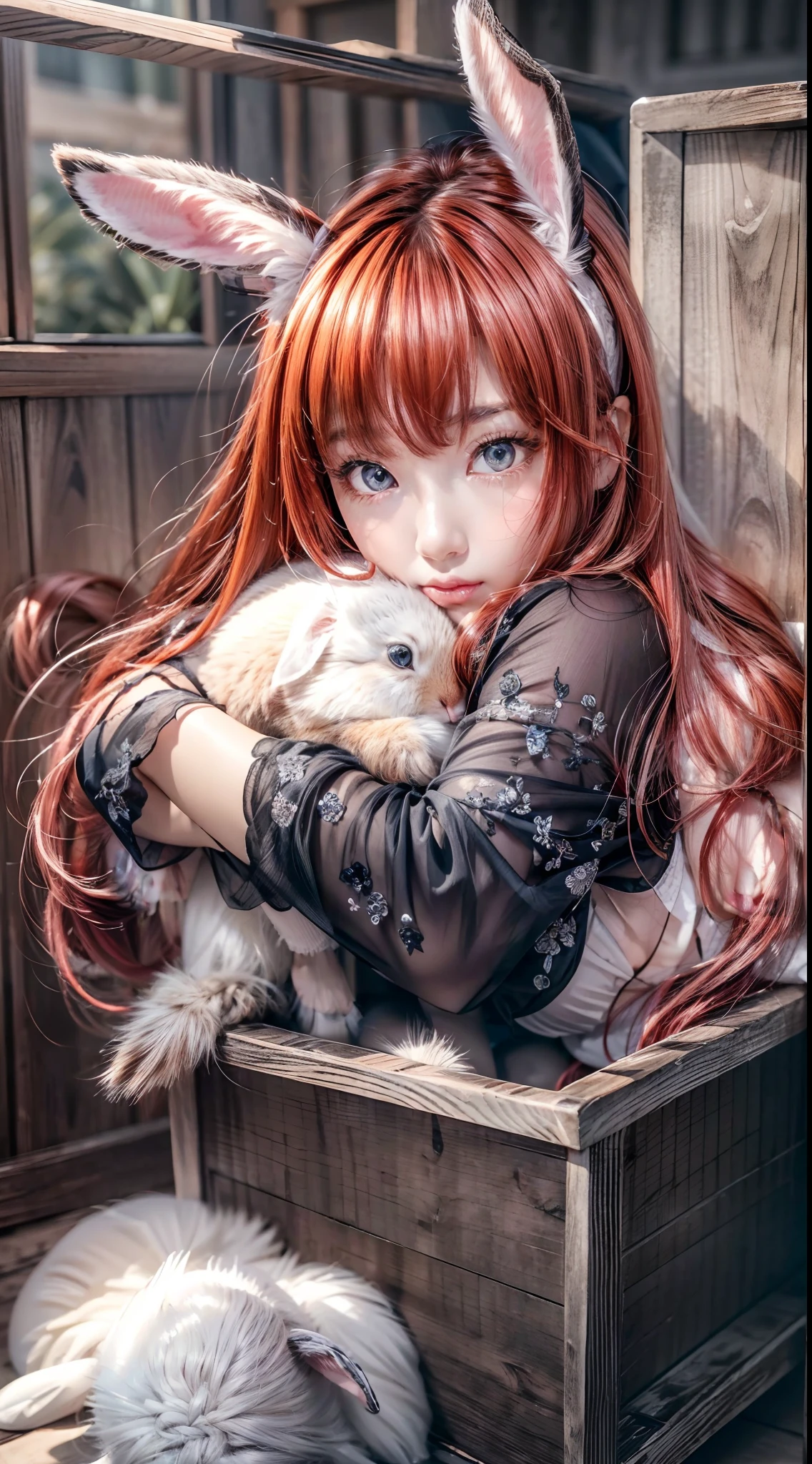 (Best quality,16k wallpaper,high resolution:1.2),Red to silver hair, wavy and long hair, Shiny hair color, Perfectly detailed face, full pouty lips, watery big eyes, Vertical pupils, reflective light, Woman with rabbit ears, Black and white shirt, Lazily lying in a solid wooden box, Soft lighting, full body shot of