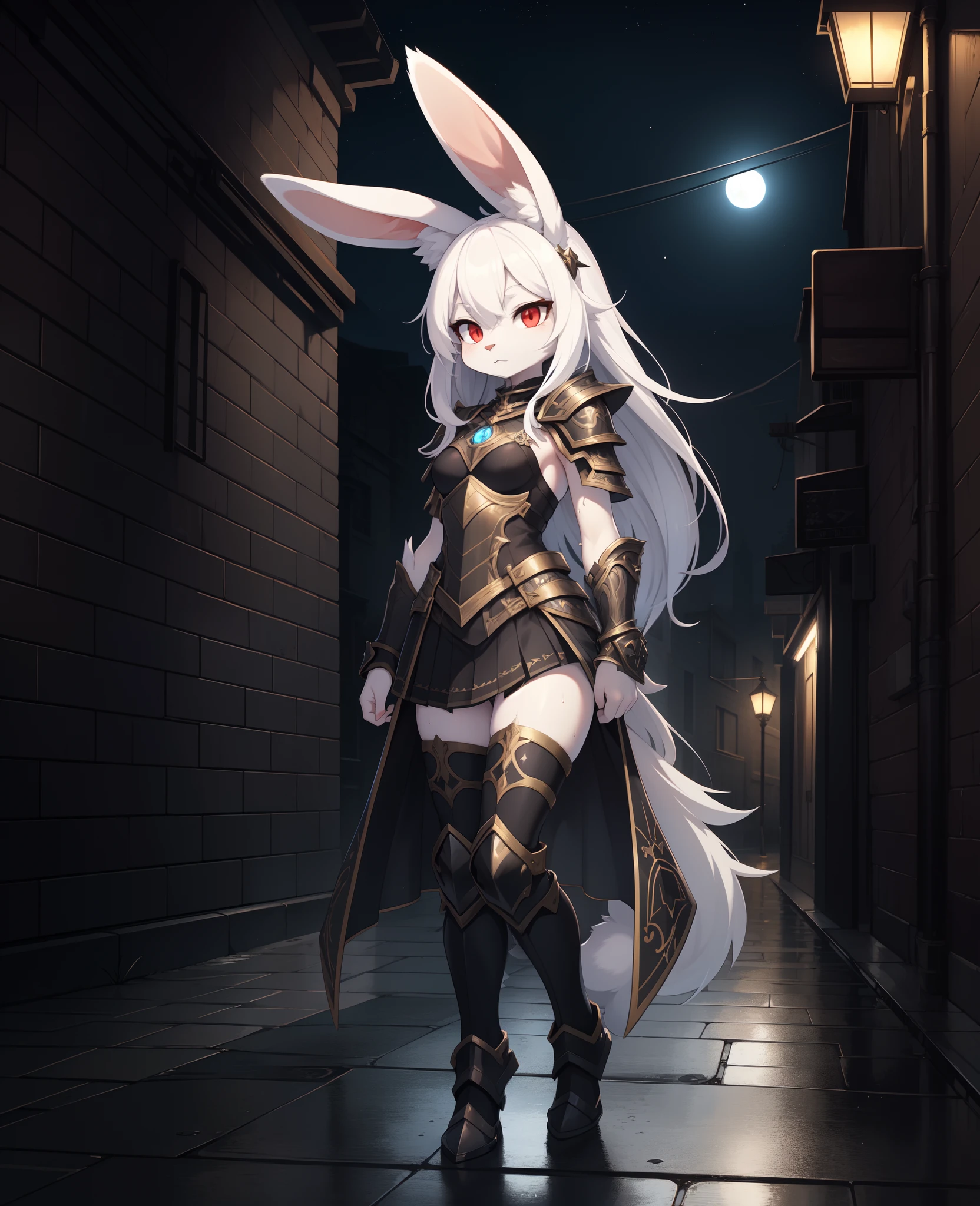 (masterpiece, best quality),  intricate details, 8k, artstation, wallpaper, official art, splash art, sharp focus,
(anthro rabbit girl, full body fur, white furrabbit ears:1.2),, (1girl),   white hair, red eyes, petite, thin figure, small breasts, long flowing white hair, messy hair,
mage, arcane ritual, gloomy back alley, city streets, wet pavement, night time, stars in sky, moonlight, 
floating magical tome,  War_Glam, wearing  War_Glam,  black armor, silver filigree, pauldrons, armored skirt,  dark theme,