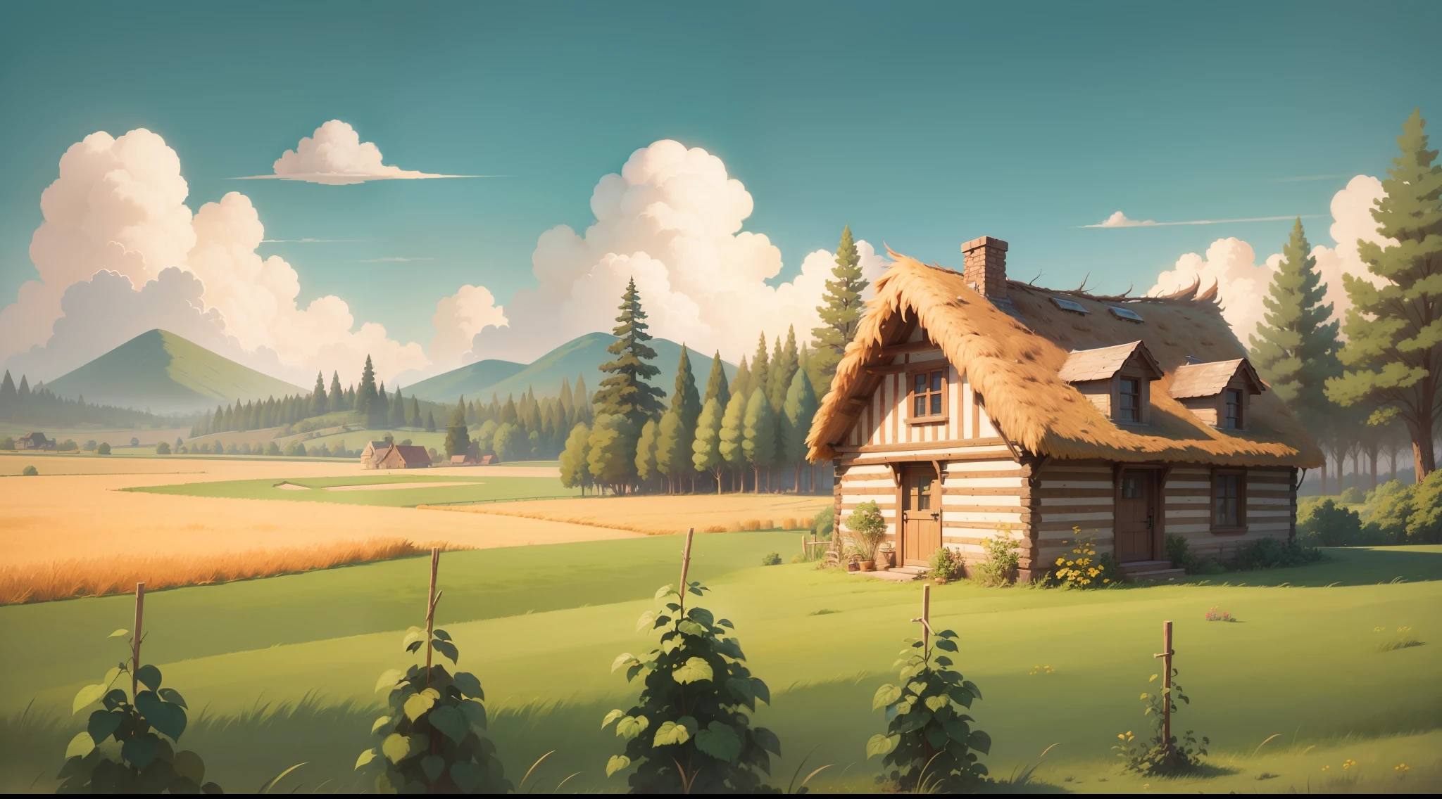 High quality, super detailed, HD Q version cartoon style. The illustration shows a beautiful little house on the field, a landscape set against the background of scattered trees, and a village in the background, sunny and rustic. Happy illustration with excellent detail and vivid background. --auto --s2