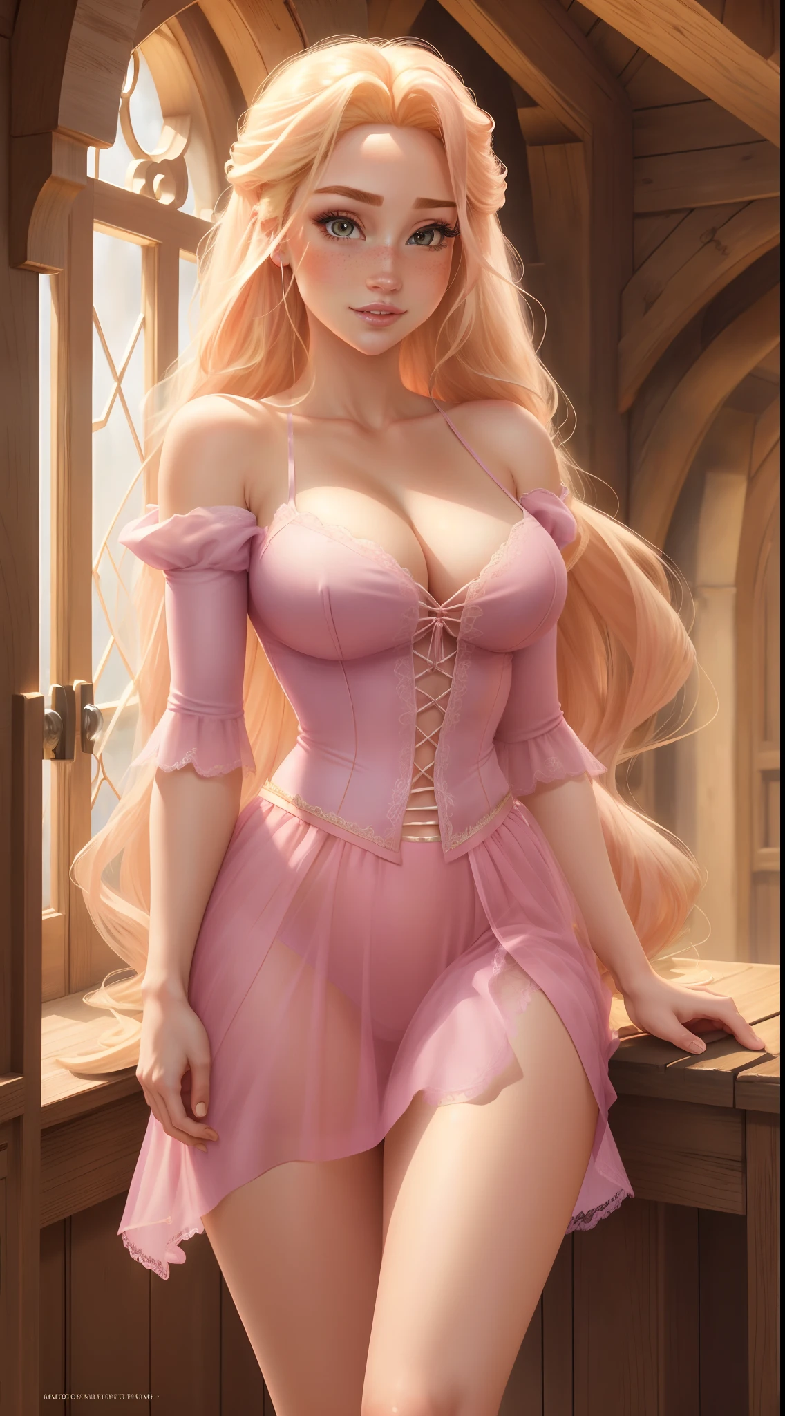 (RapunzelWaifu: 1.2), masterpiece, perfect lighting, cinematic lighting,rapunzel, freckles, blush, solo, pink blonde, very long hair, more definition, cleavage, seductive, braless, hard nipple, transparent clothes, shorter skirt, thighs, nipple slip, nipple flash