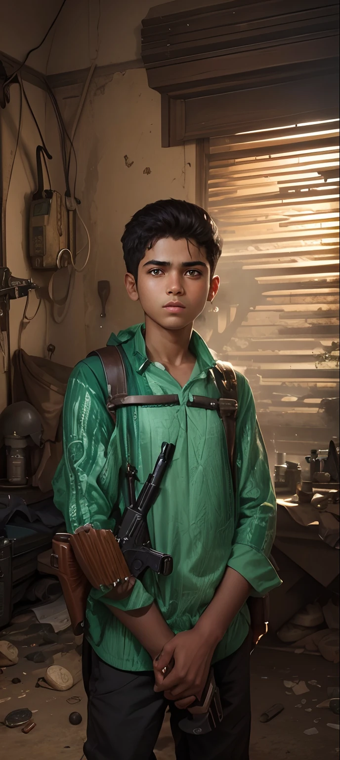 CHANGE background muslim boy  with gun 8k realistic face high quality