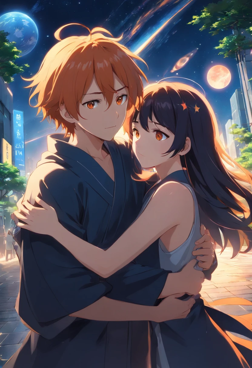(Masterpiece), (High quality) On the right a woman with orange hair and a black robe, and on the left a man with long black hair dressed in black, being held by her, being dominated. In the background can be seen outer space, and saturn. Stone floor, stars, night sky. A mysterious forest. Hyperdetailed renderings, anime style, 8k, Detailed eyes, perfect eyes, epic, dramatic, cool, full body, Intricate design and details, Dramatic lighting, 8k, detailed face.