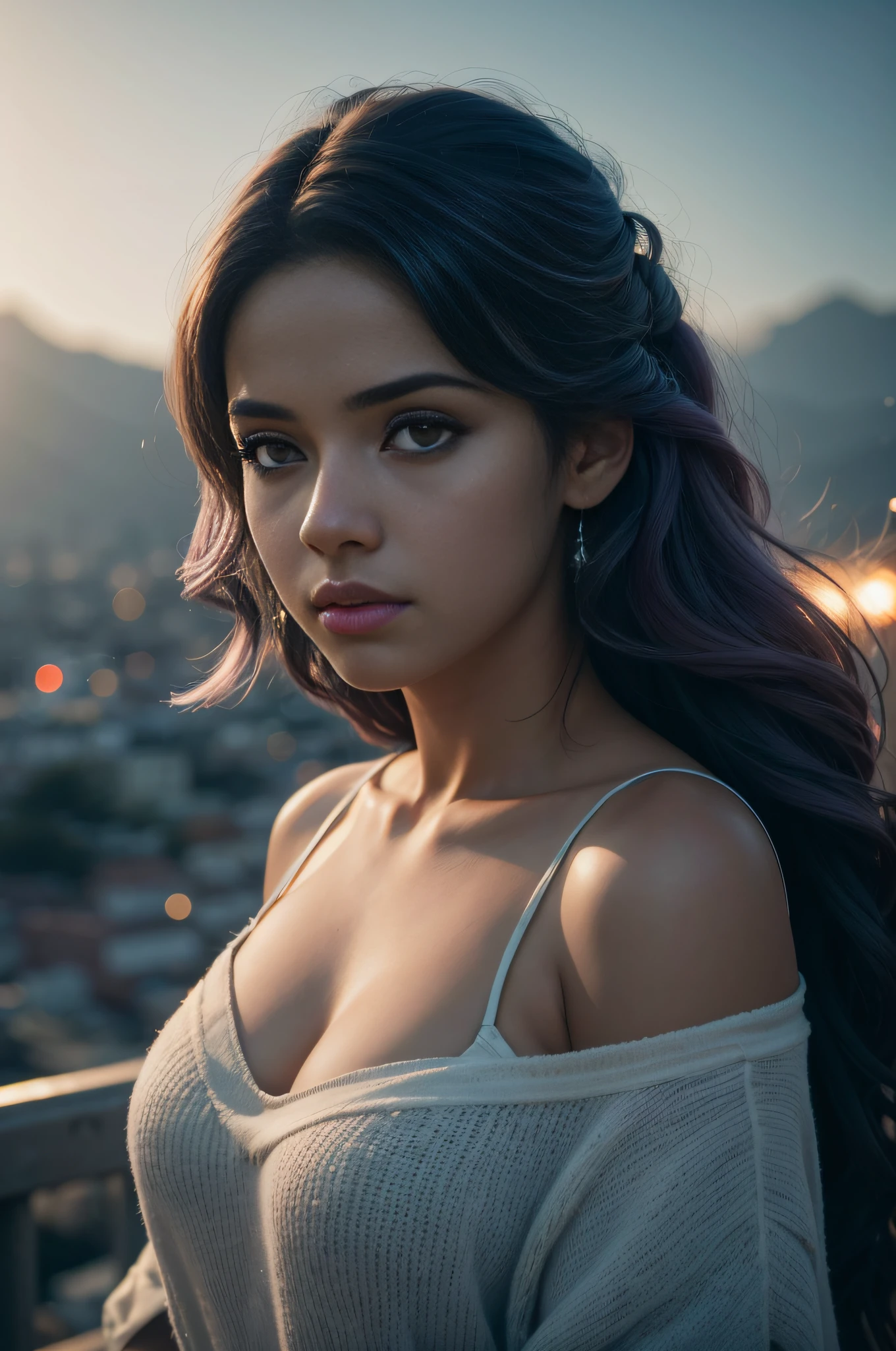 Foto de retrato de uma jovem latina, (risos:0.7), Posando, Looking at a camera, cabelo rosa rabo de cavalo, fundo complexo da cidade, retroiluminado, (cinemactic:1.5), epic realistic, hiper detalhado, detalhes insanos, detalhes intrincados, Highlight lighting, volumetric soft light, Bokeh, (dramatic light:1.2), (cores neutras:1.3), processo cruzado , 8k