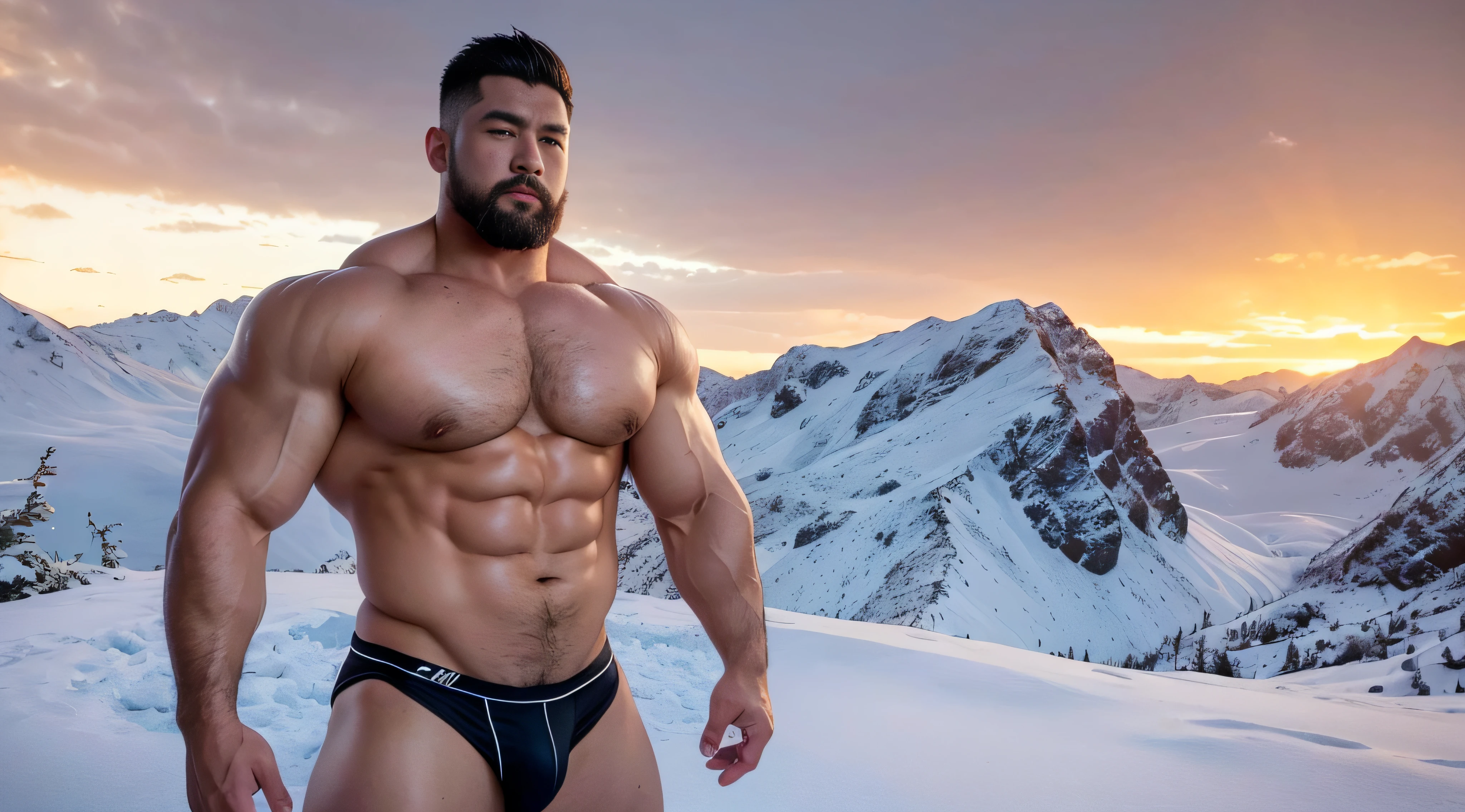 A Chinese bodybuilder， on，the super hot and sexy，Blonde hair, short detailed hair, on a snowy mountain，Sunset lights, Short beard perfect figure with tattoos, Very huge and strong body, Bulging muscles, musculous, Very large pectoral muscles，Very sexy abs，The legs are muscular，Tall and mighty，Exposed Body，Tall and burly，toned figure，Huge raised genital area，Brightens oily skin，Muscular。