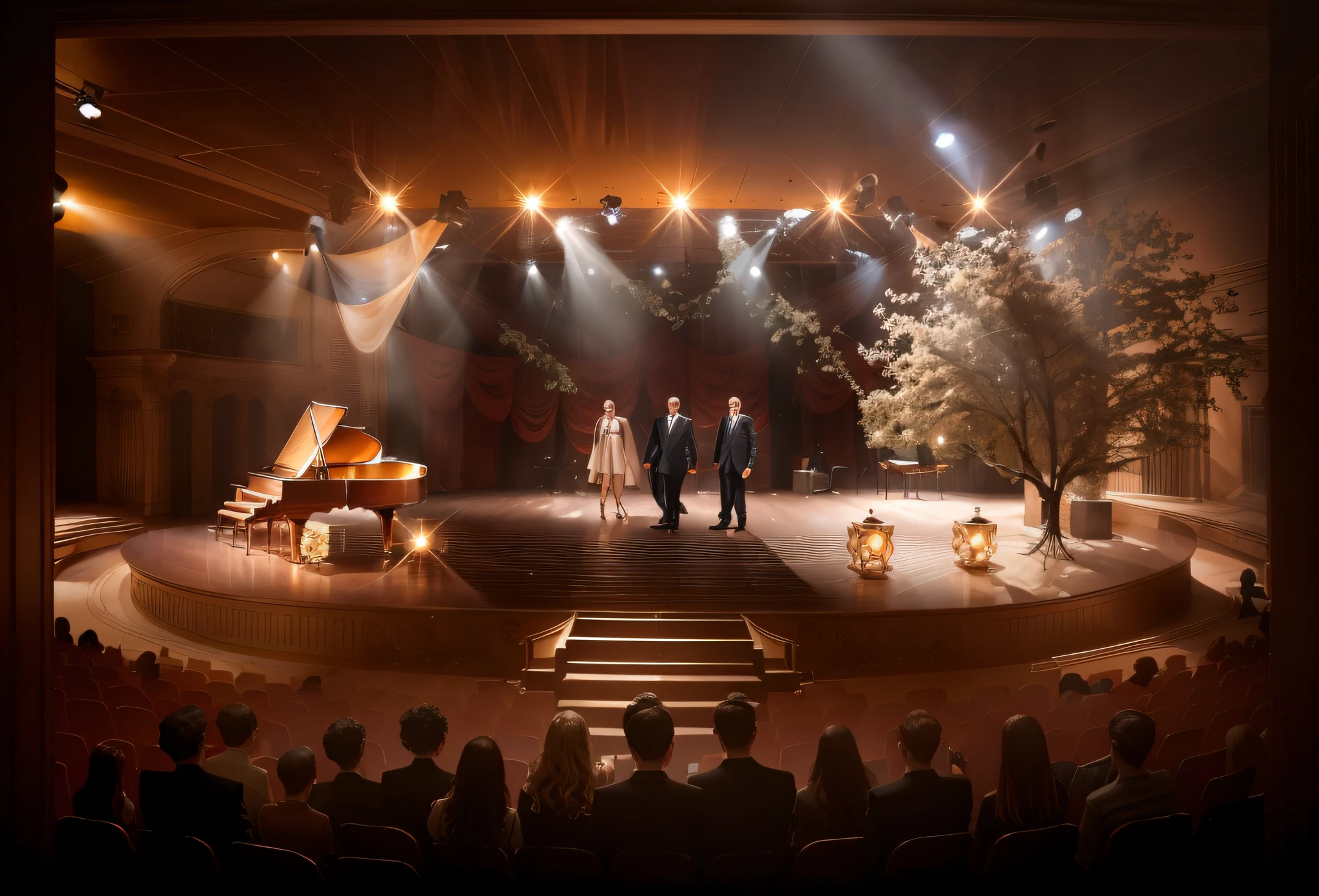 there are people standing on a stage with a piano, 3 actors on stage, detailed set design, backside of scenography elements, set design, rendering of beauty pageant, dramatic lighting. concept art, by Aleksander Gierymski, theater stage, opening scene, concept illustartion, theatre stage, photo from 2022, photo render, 8k, best quality