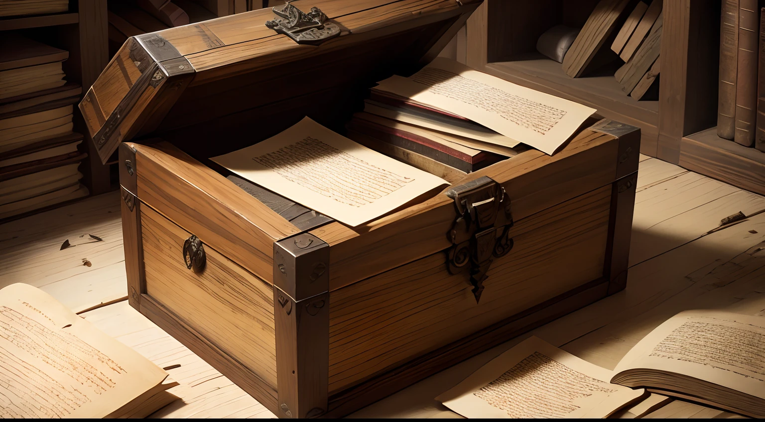 a wooden chest containing ancient dusty and ruined manoscritti, half-torn pages, edges corroded by time, ancient manuscripts, archaeological find hdr 4k
