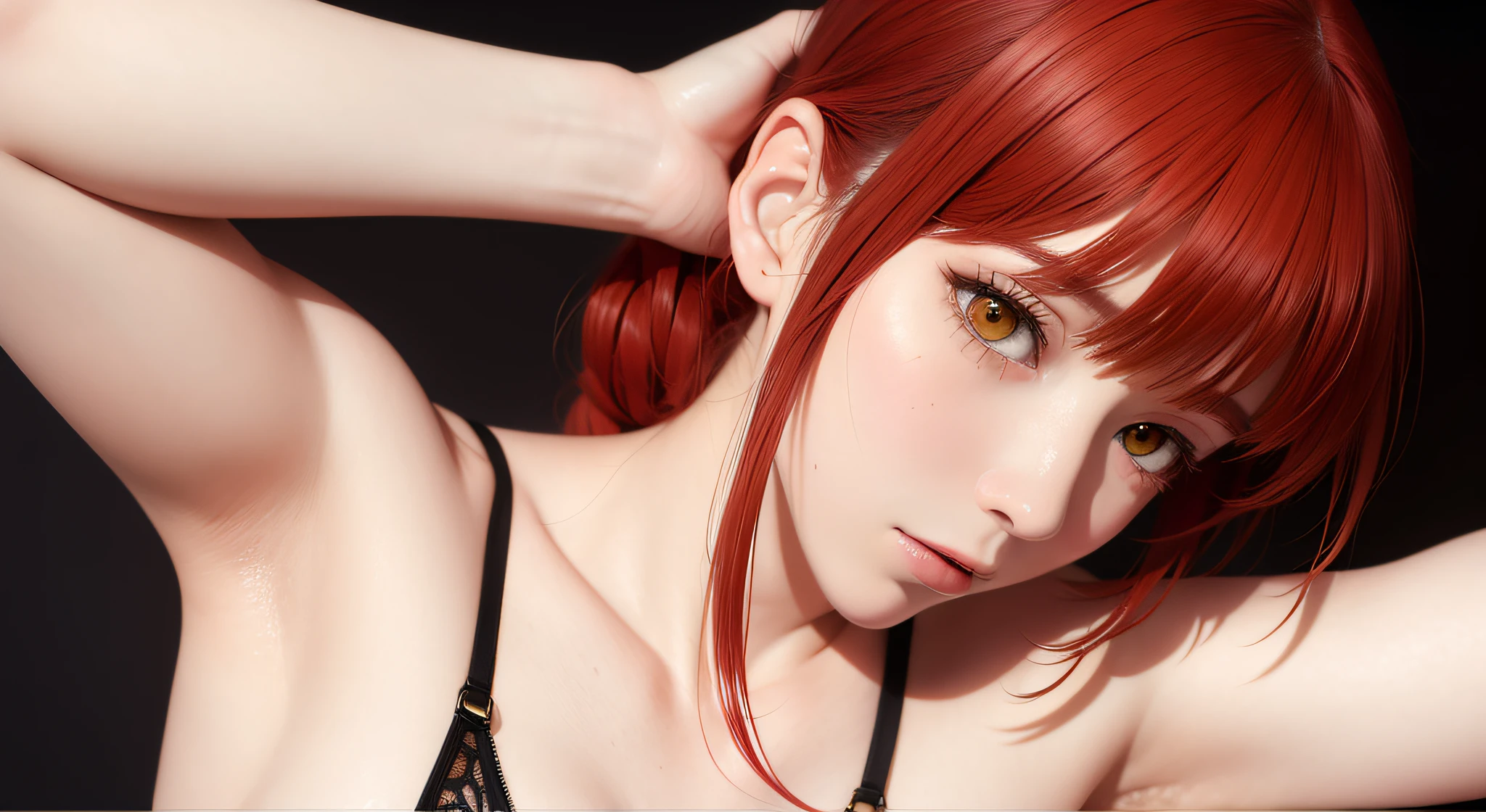 (masterpiece), (best quality),makima \(chainsaw man\),red hair,golden eyes,glowing eyes in the dark,armpit pose,bathtub,sleep in bathtub,cover breast with towel,depth in view,mist