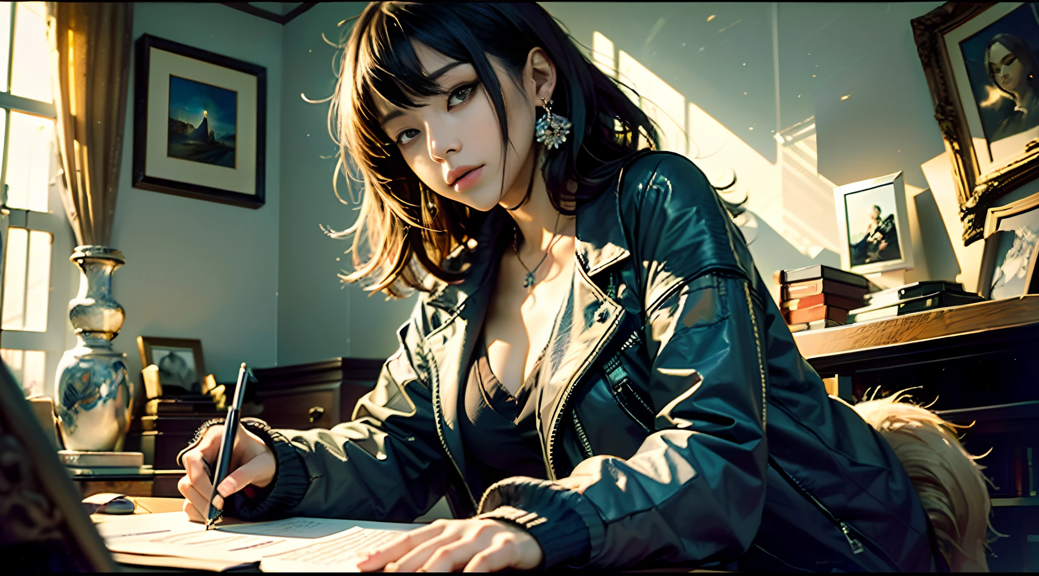 ((masterpiece,best quality))1womanl，Third perspective，黑The eye,lounge suit,Bedrooms，Write homework，mid afternoon，Warm light