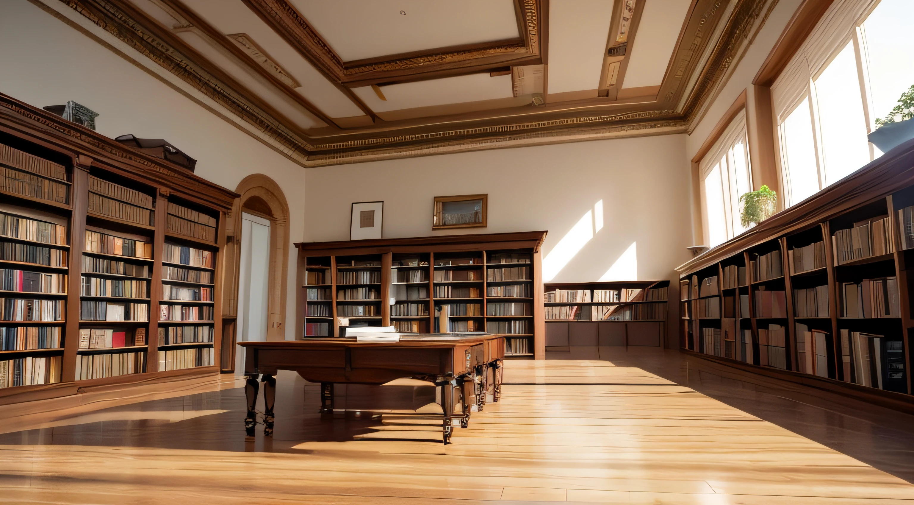long shot photography of a large library at home with a small table in the center and a book under it, 3D, photography, realistic