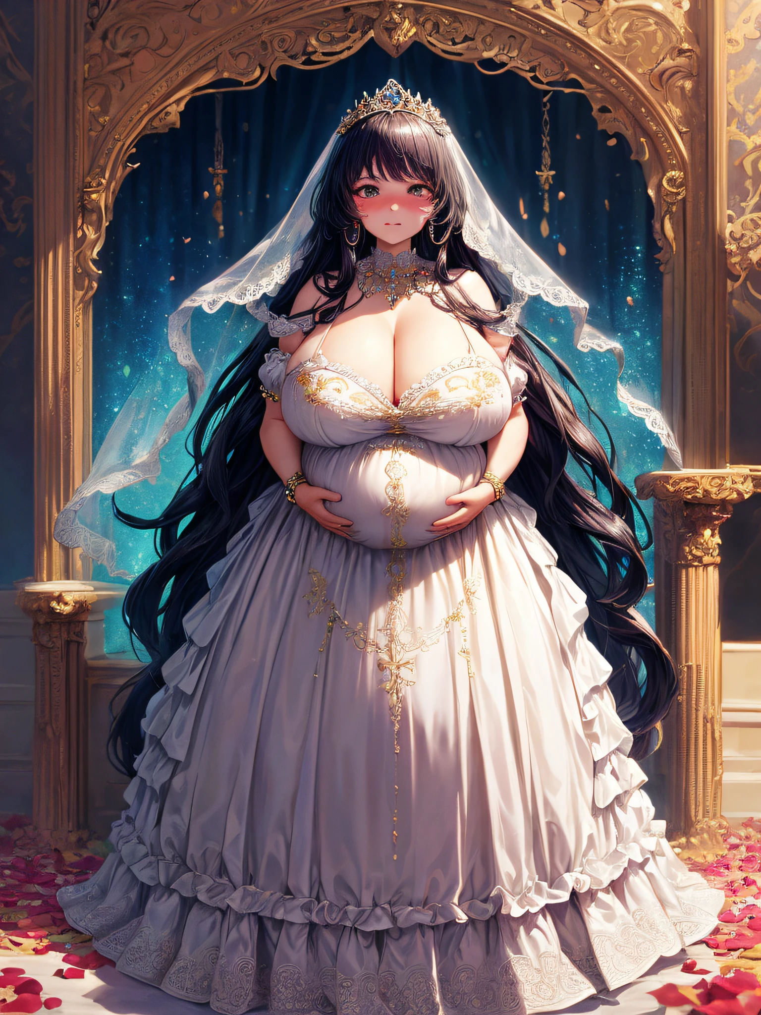 (masterpiece, best quality,extremely detailed:1.1),(moe anime art style:1.2),1girl,((full body,focus face)),((solo)), cute, kawaii,digital art,((1 bling-bling pregnant princess wearing beautiful embroidery and jeweled gorgeous rococo ballgown with jeweled voluminous full length hoop skirt)),(((heavily pregnant))),very big pregnant belly,((crinoline)),long train,voluminous frills,See-through,(gorgeous embroidery and beautiful lace),((very gigantic boobs,skindentation)),cleavage,shiny hair,(((very long hair,very long straight hair))),((embarrassed)),anguish,((finely detailed face and eyes)),clear pupil,extremely gorgeousfull hair ornament,(bling-bling jeweled extremely gorgeousfull tiara),(bling-bling gorgeous gemstone jewelry),long veil,(beautiful background),fantasy background,flowers,flower petals flowing,full body,((beautiful embroidery and jeweled ruffled gorgeous rococo ballgown with voluminous full length hoop skirt))