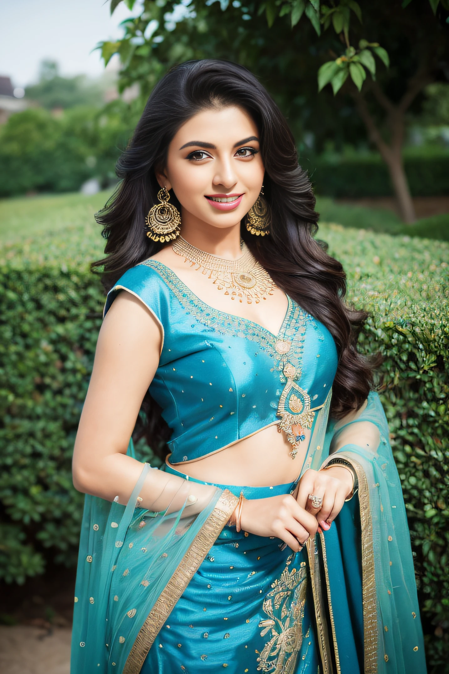 portrait of A confident-looking smiling happy indian woman princess with long flowing hair, hazel eyes, wearing designer jewellery, blue designer dress, standing in royal garden, bokeh perfect composition, hyperrealistic, super detailed, 8k, high quality, trending art, trending on artstation, sharp focus, photo shoot, intricate details, highly detailed, art by greg rutkowski