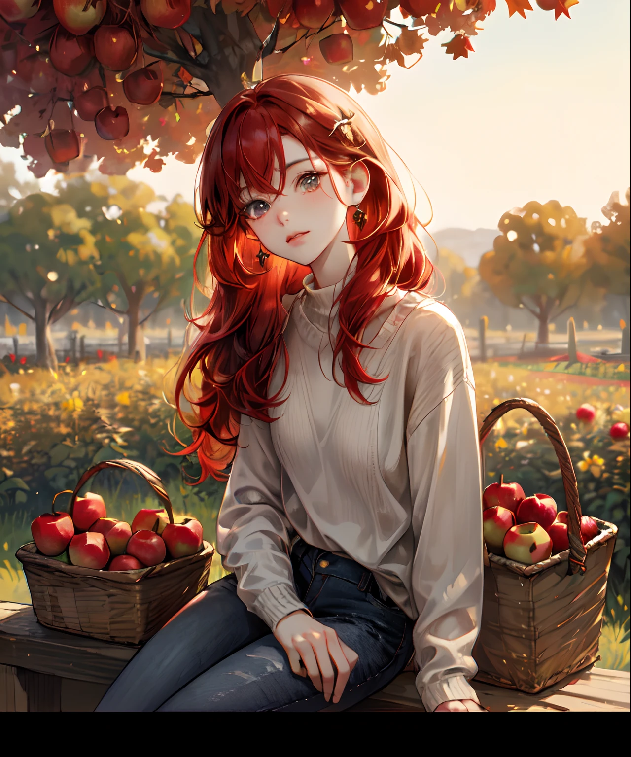 absurdres, highres, ultra detailed, 1girl, solo, extremely detailed eyes, ((autumn vibe)), autumn, apple trees, hair ornament,((red hair)), jewelry, looking at viewer, ((upper body)), ((sitting on the apple garden)), ((holding apples in the small basket )),(calm and compose expression)), wearing ((sweater and black jeans)), hair clip, earrings, red flower, tinted eyewear, yellow flower, bangs, english text, cowboy shot