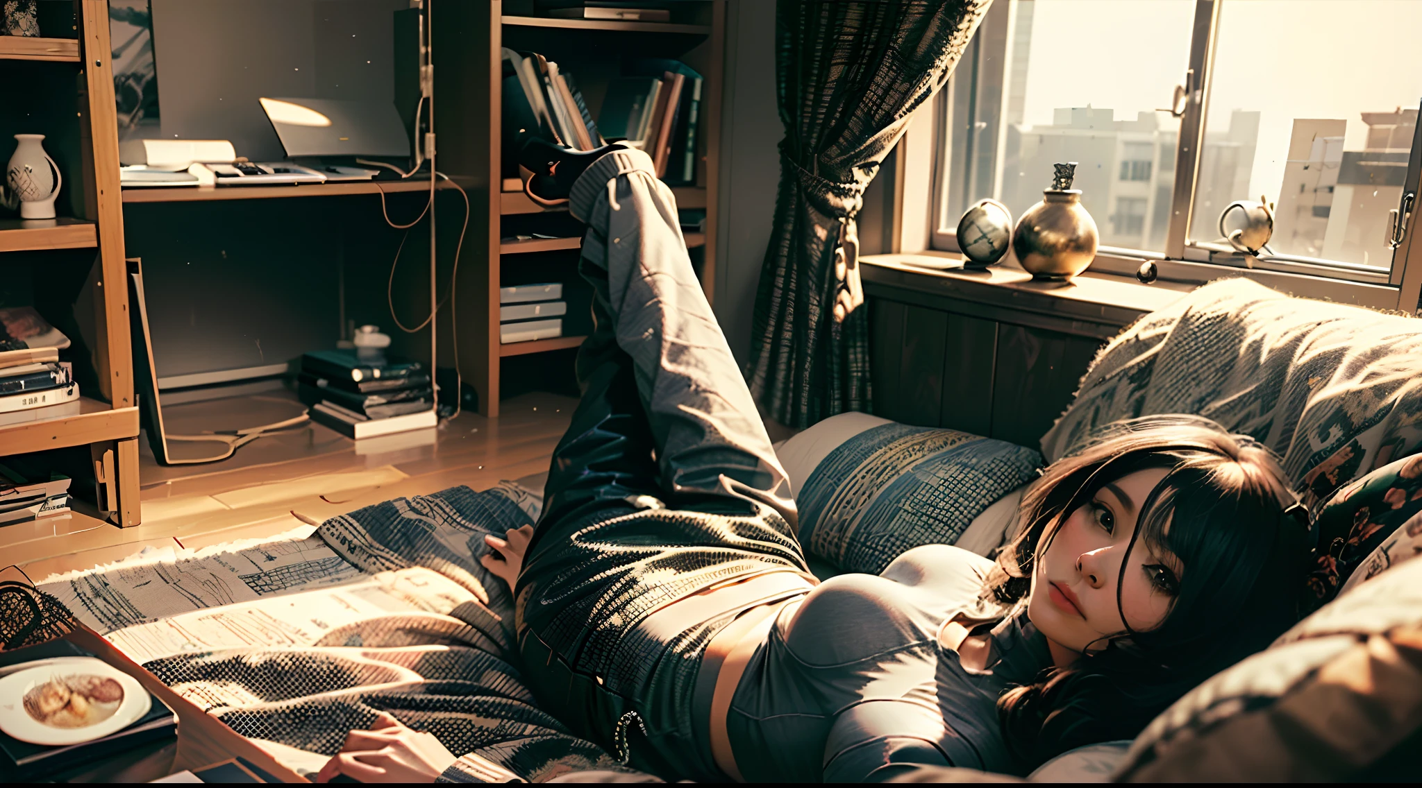 ((masterpiece,best quality))1womanl,Third perspective,黑The eye,lounge suit,Bedrooms,Write homework,mid afternoon,Warm light