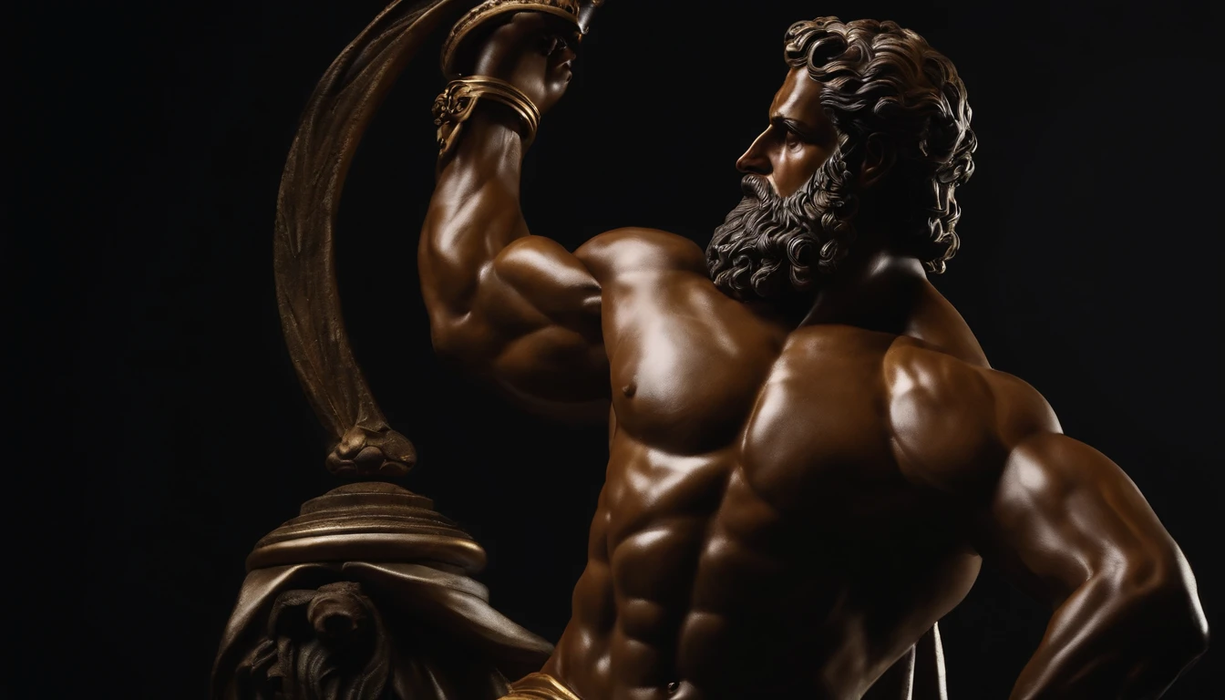 Hercules-style Greek stoic statue with highlighted muscles dark background