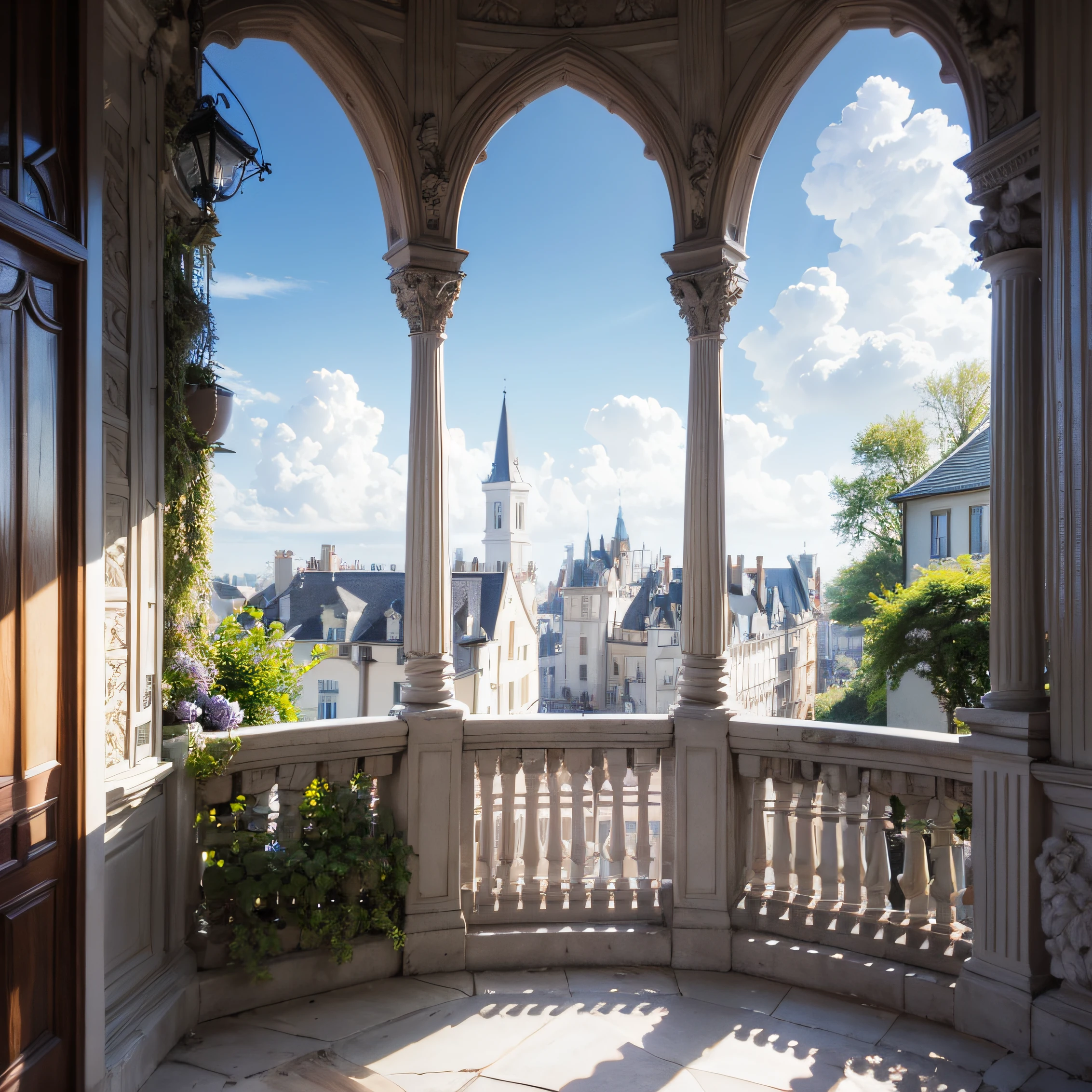 ultra realistic castle royal balcony with hanging wisteria flowers on the sides