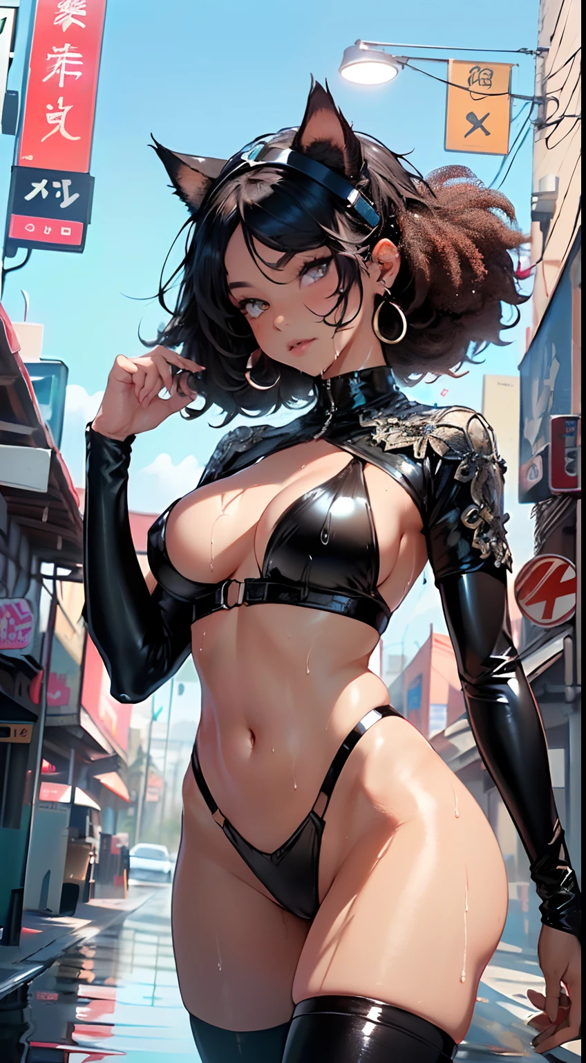 girl spacepunk,(((1girl))),((cute and beautiful afro haired girl)),((((black race)))),

(large breasts:1.4),saggy breasts,((((black afro hair:1.35,((afro hair:1.35)),afrohair,afro:1.35,dark hair,black hair,)))),medium hair, red:1.5,(((heterochromia:1.5,orange_eye1, red_eye2))),intricate eyes,beautiful detailed eyes,symmetrical eyes,((fat)),((((tan,dark skin,black skin:1.35,dark-skinned_female,dark skin:1.3,ebony skin,lustrous skin:1.5,bright skin: 1.5,shiny skin,very shiny skin,shiny body,illuminated skin,wet legs)))),(spider lower abdomen,narrow waist,wide hip,athletic body,inflated legs,delicate detailed fingers),(((detailed face))),

cute,slutty,sensual,seductive look,seductive,erotic,enchanting,((nsfw)),

zettai ryouiki,revealing clothing,show skin,(wearing a mechanical space body armor:1.3,micro armor bikini,bare legs,an armored arm),(((wet clothes,intricate outfit,intricate clothes))),

(dynamic pose:1.0),solo focus,embarrassed,(centered,scale to fit dimensions,Rule of thirds),

cyberpunk city by the ocean at night, with bright neon signs and dark stormy clouds and puddles, scenery:1.25,

artistic photography,(photography taken by sldr),highres, sharp focus, (ultra detailed, extremely detailed), (photorealistic artwork:1.37),(extremely detailed CG unity 8k wallpaper),((synthwave background theme)),(((vibrant colors))),(intricate background),(masterpiece),(best quality),

DC-O

girl spacepunk,(((1girl))),((beautiful girl with cute cat ears)),

(large breasts:1.4),saggy breasts,((black hair,black messy hair,colored inner hair,long hair:1.5,absurdly long unkempt hair:1.35,long black hair,ear breathing,intricate cut hair)),((((cat ears,cat ears on head,big cat ears)))),(((pink_eyes:1.3))),intricate eyes,beautiful detailed eyes,symmetrical eyes,((fat)),(((lustrous skin:1.5,bright skin: 1.5,skin tanned,shiny skin,very shiny skin,shiny body,plastic glitter skin,exaggerated shiny skin,illuminated skin,wet legs))),(spider lower abdomen,narrow waist,wide hip,athletic bo