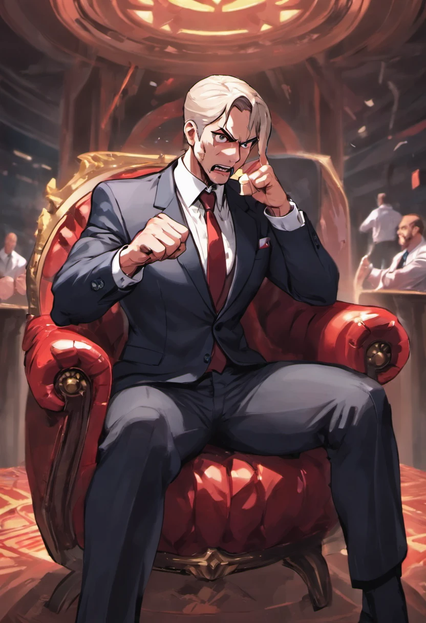 adult man in a suit, manager, sitting in a room pointing his finger at the spectator with a serious face