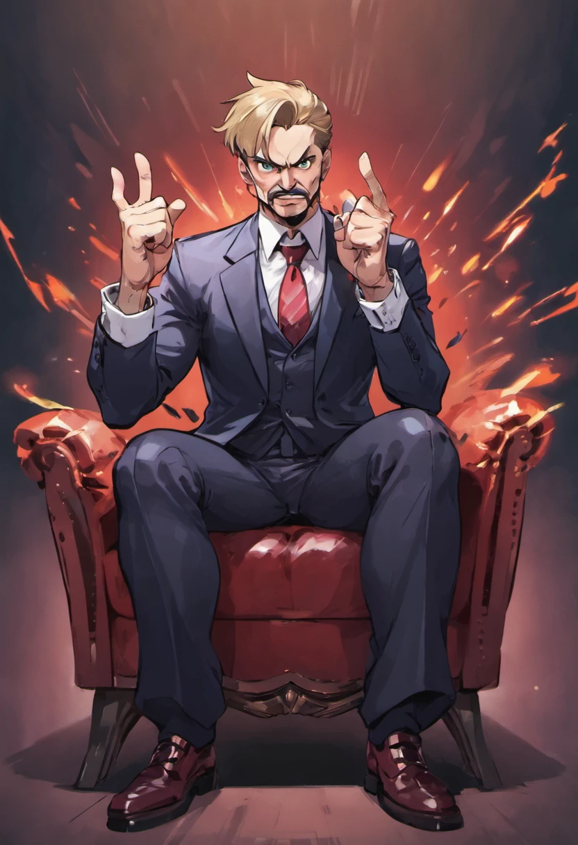 adult man in a suit, manager, sitting in a room pointing his finger at the spectator with a serious face
