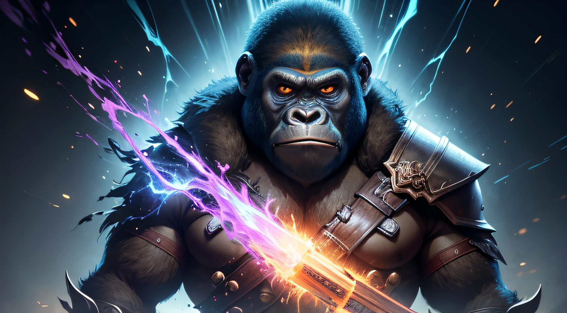 cinematic picture, To the left of the image, imagem total masterpiece, Velhaco (((assassin gorila masculino))), face hiperdetalhada, envolto em sombras, holding a flaming long sword in his left hand and a wooden shield in his right hand, cores abissais brilhantes vibrantes, totalmente em moldura, corpo inteiro, Irradiation of electrical energy, corpo inteiro, Gorila estilo anime bonito, pintura hiperdetalhada, Luminismo, arte por Carne Griffiths e Wadim Kashin arte conceitual, 8K resolution, fractal isometrics details bioluminescence , 3D-rendering, octan render, intricatel