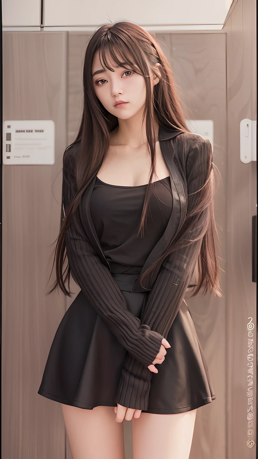 1girl, black jacket, black shirt, black skirt, long hair, red velvet hair, realistic, ultra detail, 70mm lens,