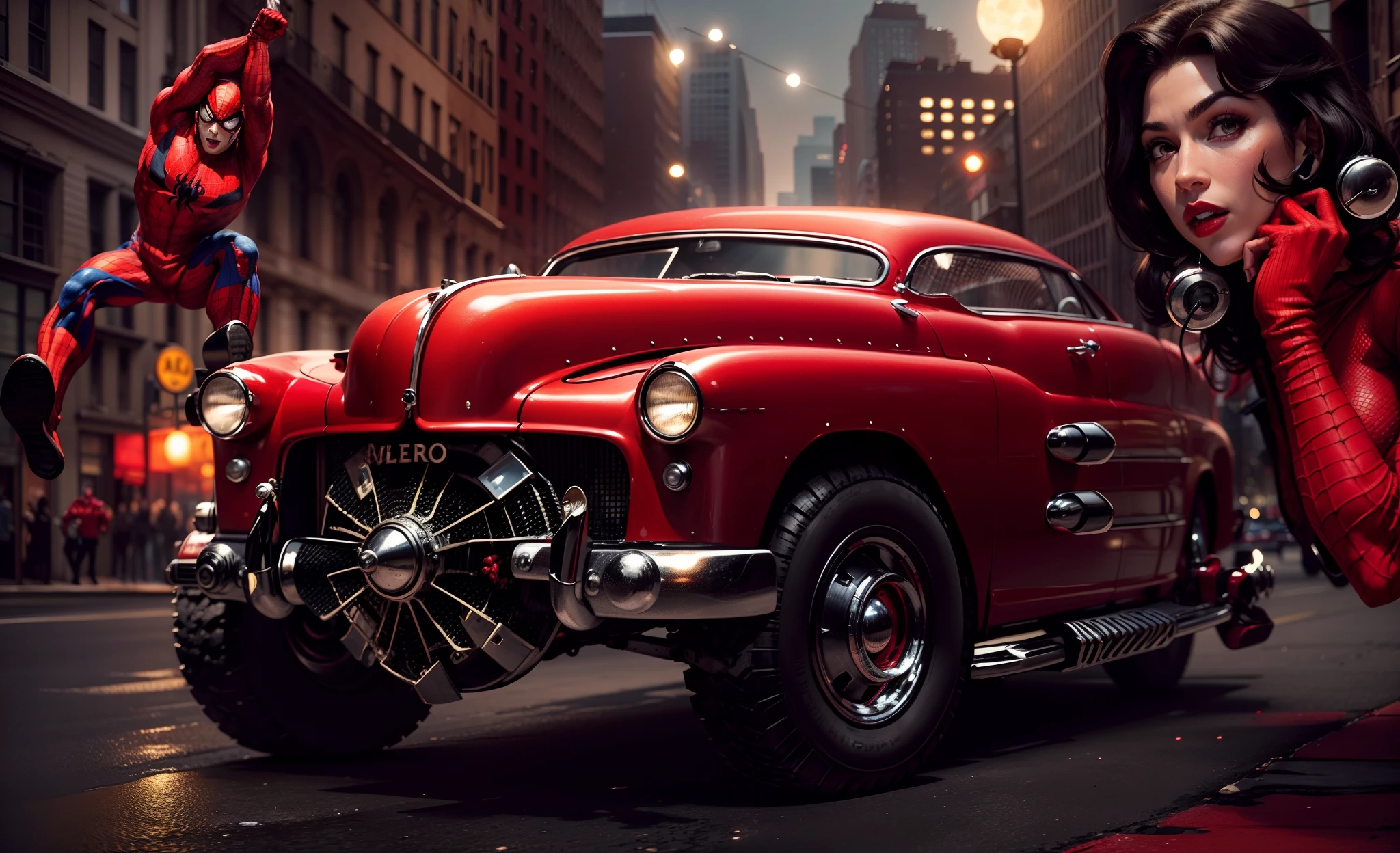 Belo Mercury 49 (((portanto))) Muscle car with various technological equipment in the foreground, The character Spider-Man arrives on the scene swinging in his red suit and azu, Do outro lado, a blonde woman in red lipstick talking on the phone and in the background of New York City buildings at dusk with the moon looking like