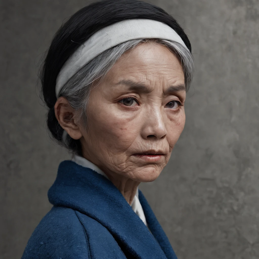 (Steve McCurry style), An old Japanese woman, wrinkled, sad and homeless ((wearing a blue wool coat)), (melancholy), 1woman, solo, straight black hair and hairstyle, very detailed face, beautiful eyes, [chubby], adorable, with bright eyes, sad eyes, bitter, (Rembrandt Lighting), zeiss lens, ultra realistic, (highly detailed skin: 1.2), 8k uhd, dslr, Dramatic Kidney light,  high quality, Fujifilm XT3,